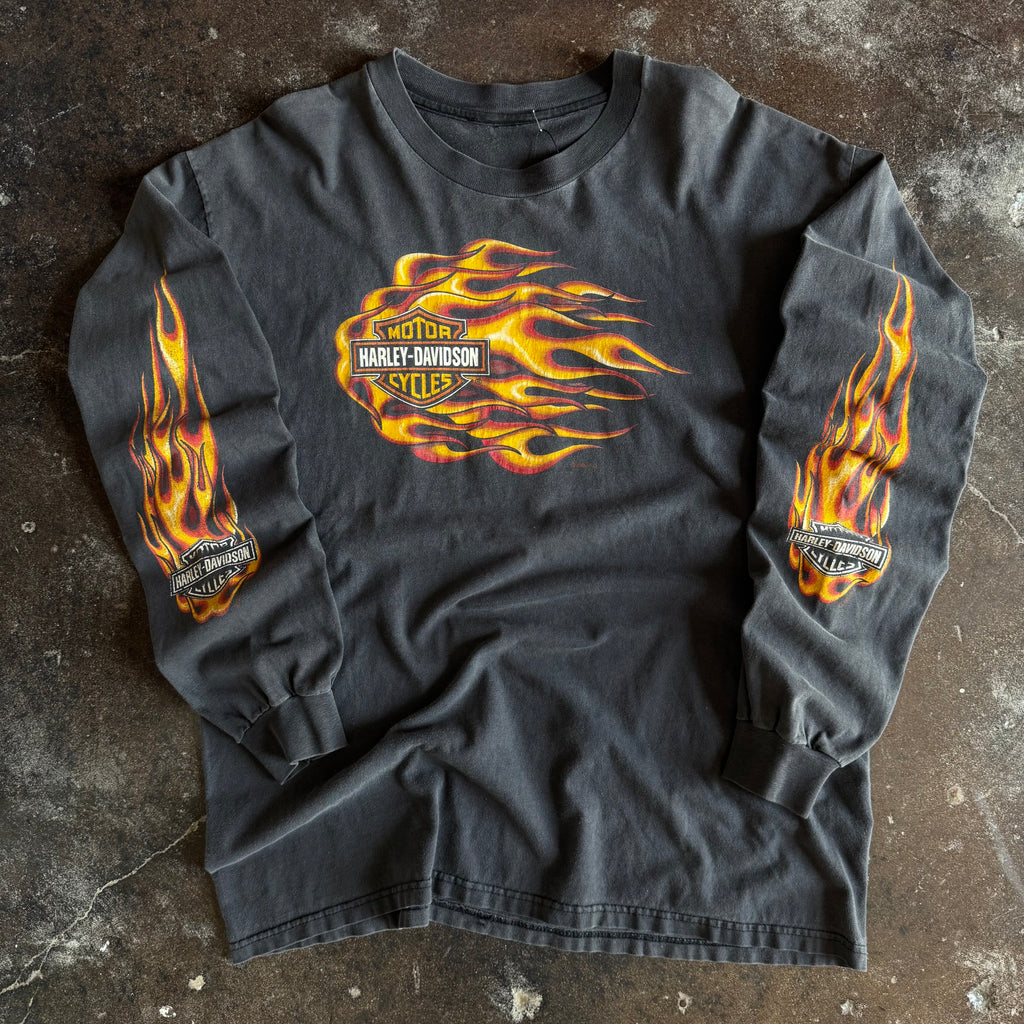 Vintage Y2K Harley-Davidson rushing flames bar and shield longsleeve t-shirt with orange flame sleeve prints sun faded to grey