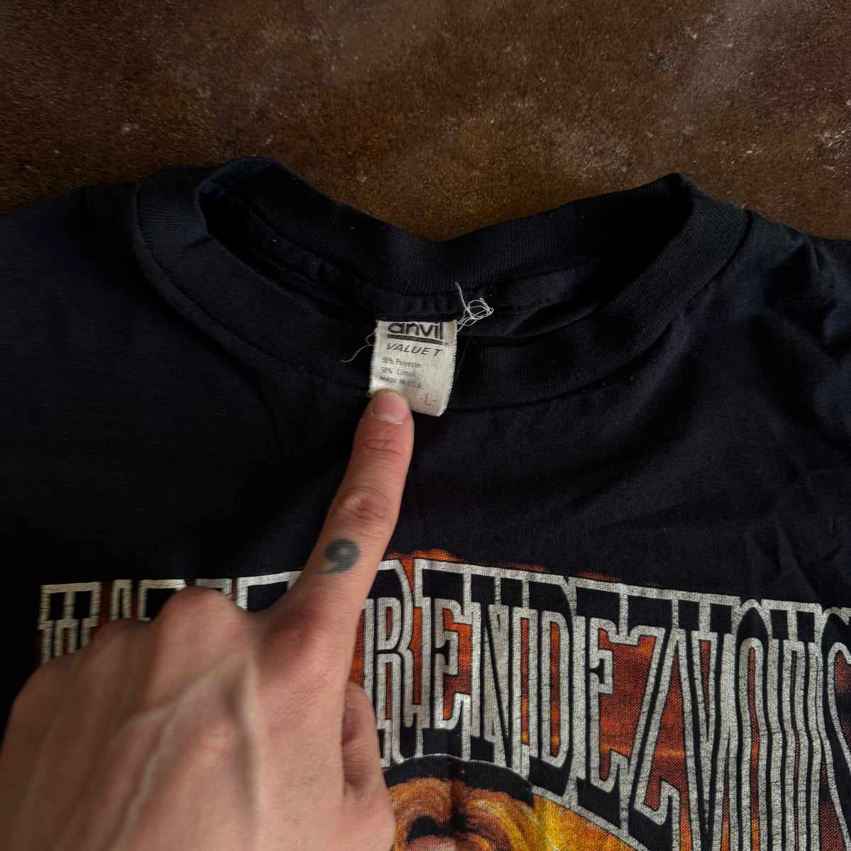 Tag detail on vintage 1990s Harley Rendezvous Notorious With Class t-shirt