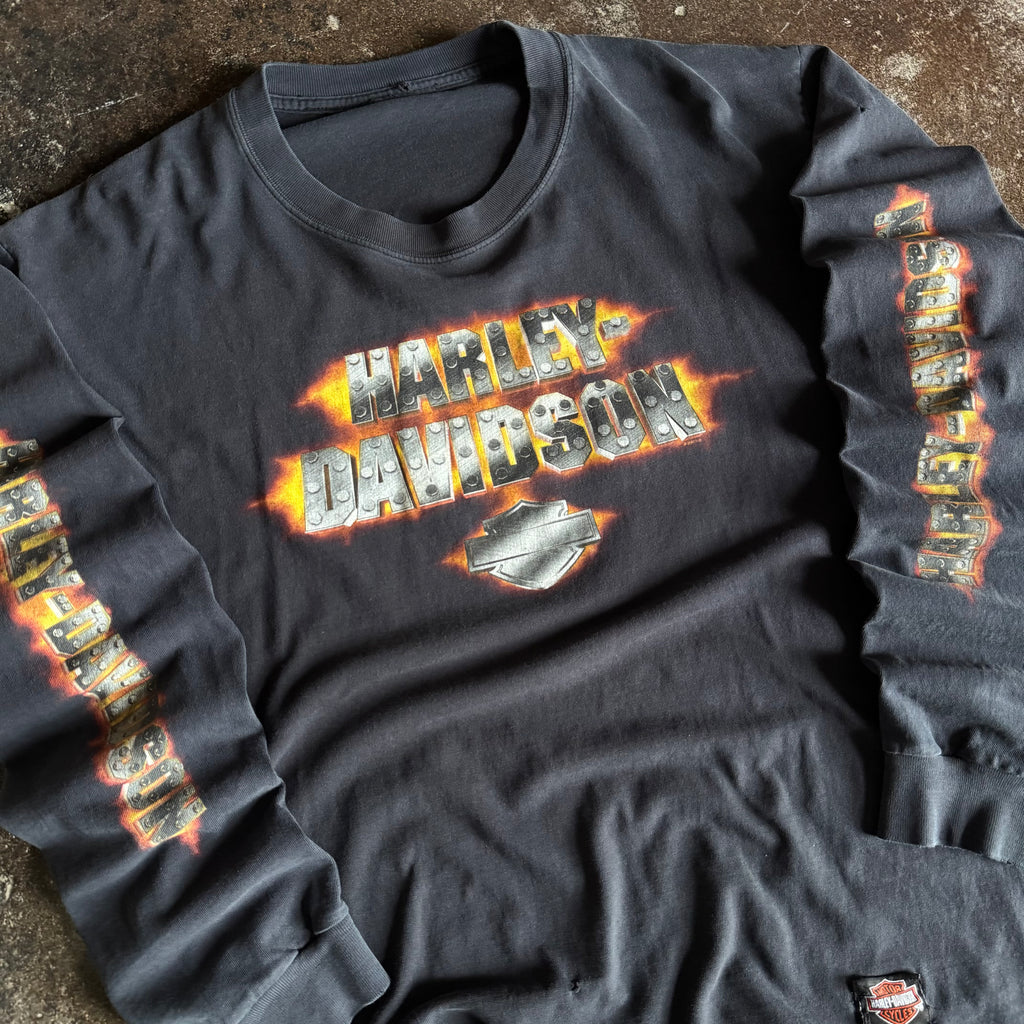 Y2K Harley Flaming Steel Long Sleeve Tee (L)