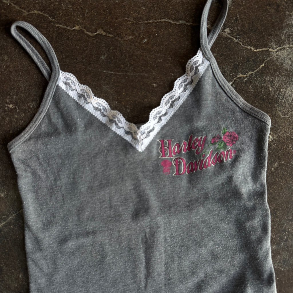 Back view of vintage Harley Davidson womens grey lace cami