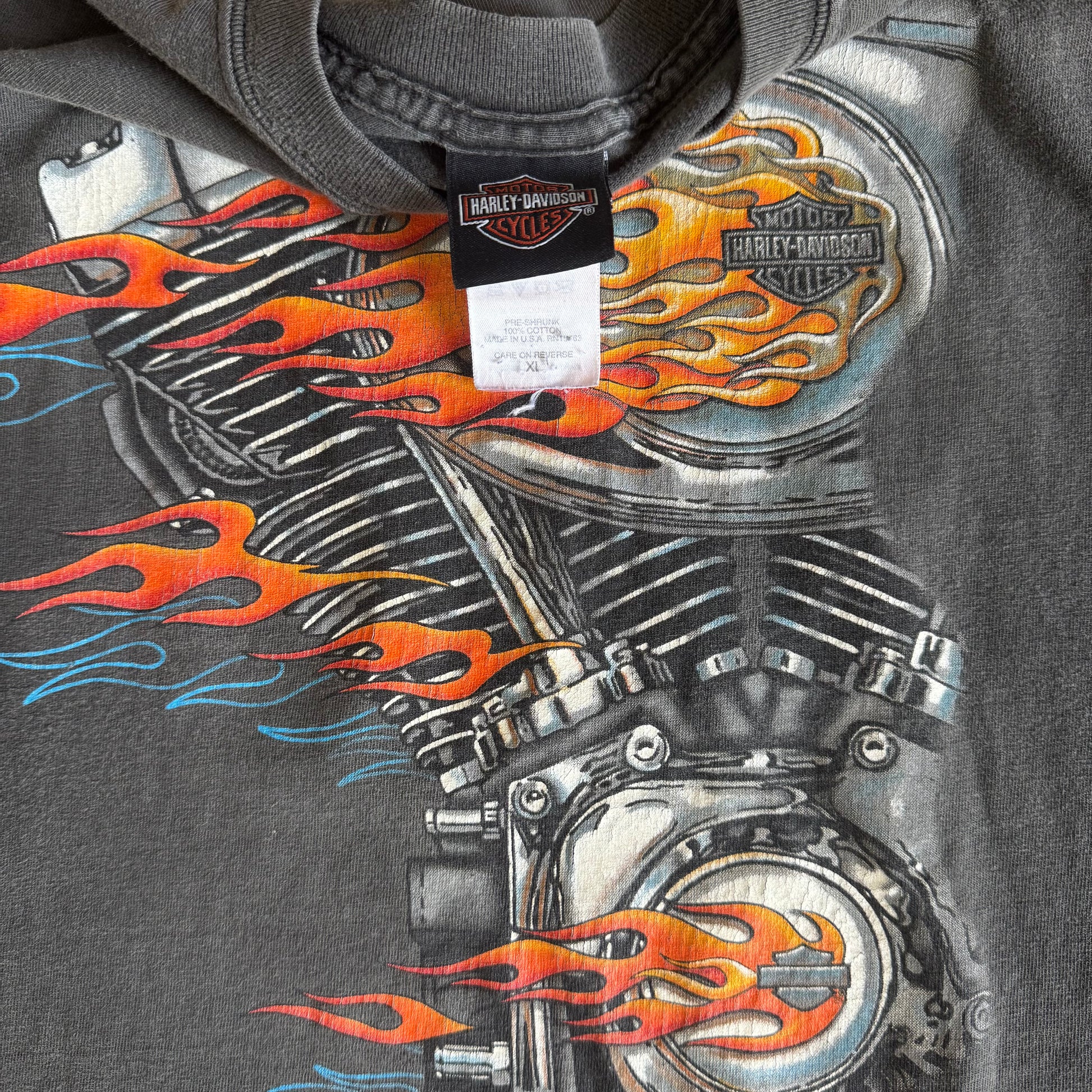 Y2K Harley Flaming V Twin Sun Faded Tee (XL)