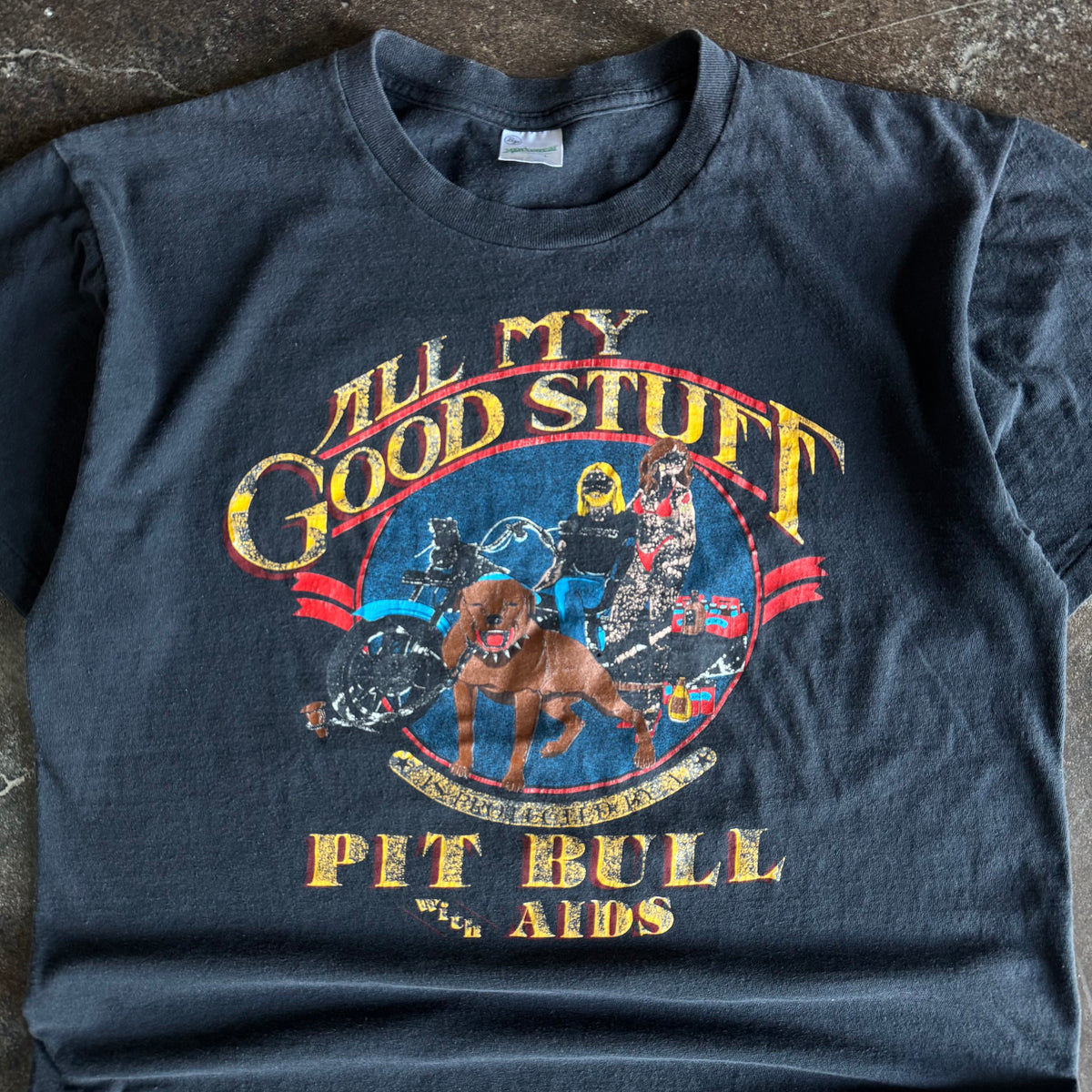 80’s Harley Pitbull With AIDS Funny Biker Tee (L)