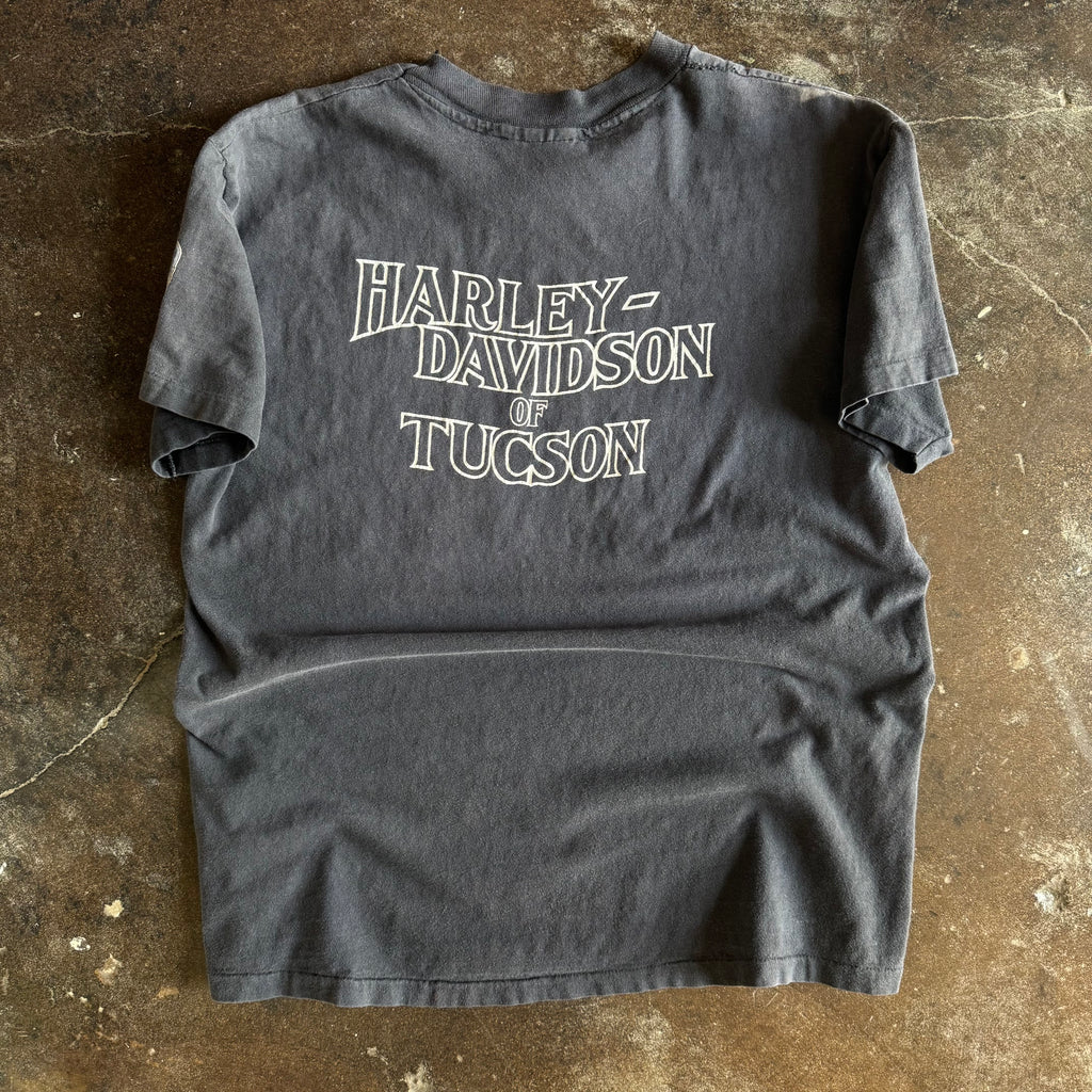 Detail of eagle and Immoral Minority text on vintage sun faded Harley tee