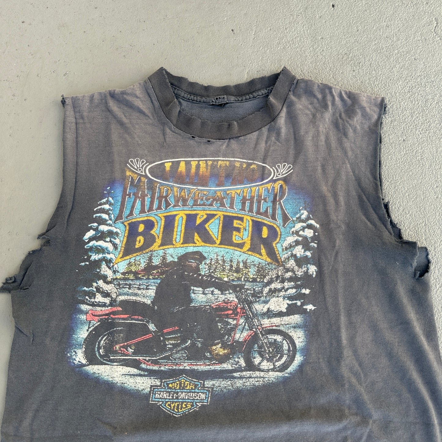 80s 3D Harley Fairweather Biker Sun Faded Cutoff Tee (Battle-Scarred)