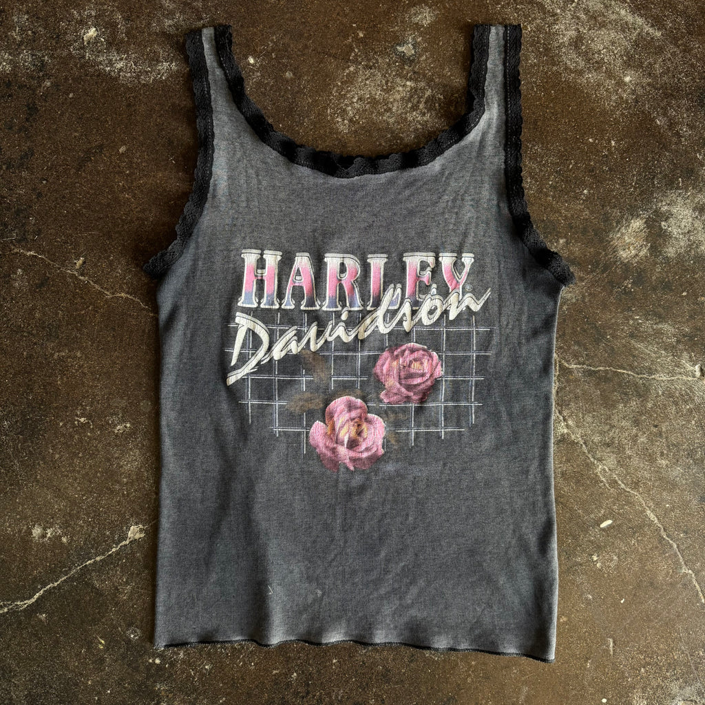 Vintage 1980s Harley Davidson womens tank top with pink roses and script logo on faded grey with lace trim
