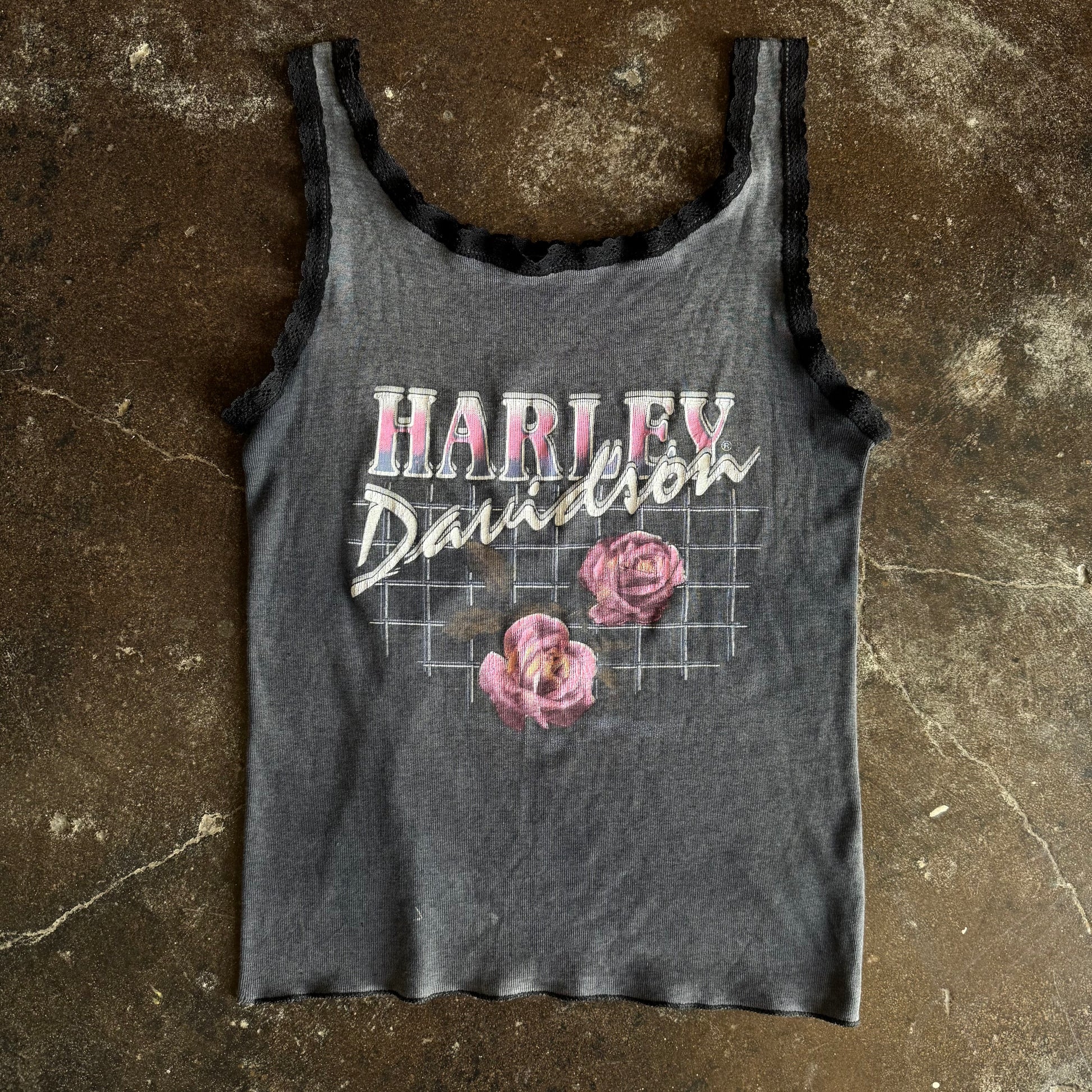 Vintage 1980s Harley Davidson womens tank top with pink roses and script logo on faded grey with lace trim