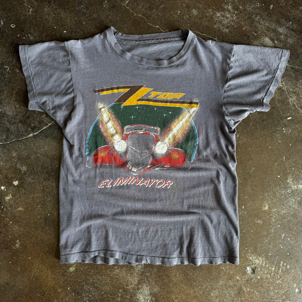 Vintage 1980s ZZ Top Eliminator t-shirt with red hot rod and logo sun faded to grey