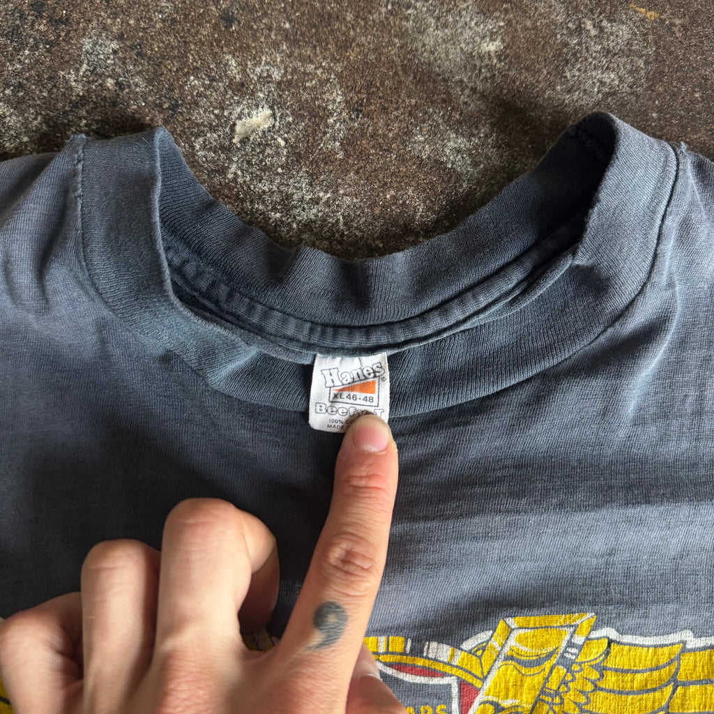 Close-up of fabric wear on vintage 1978 Harley-Davidson anniversary tee