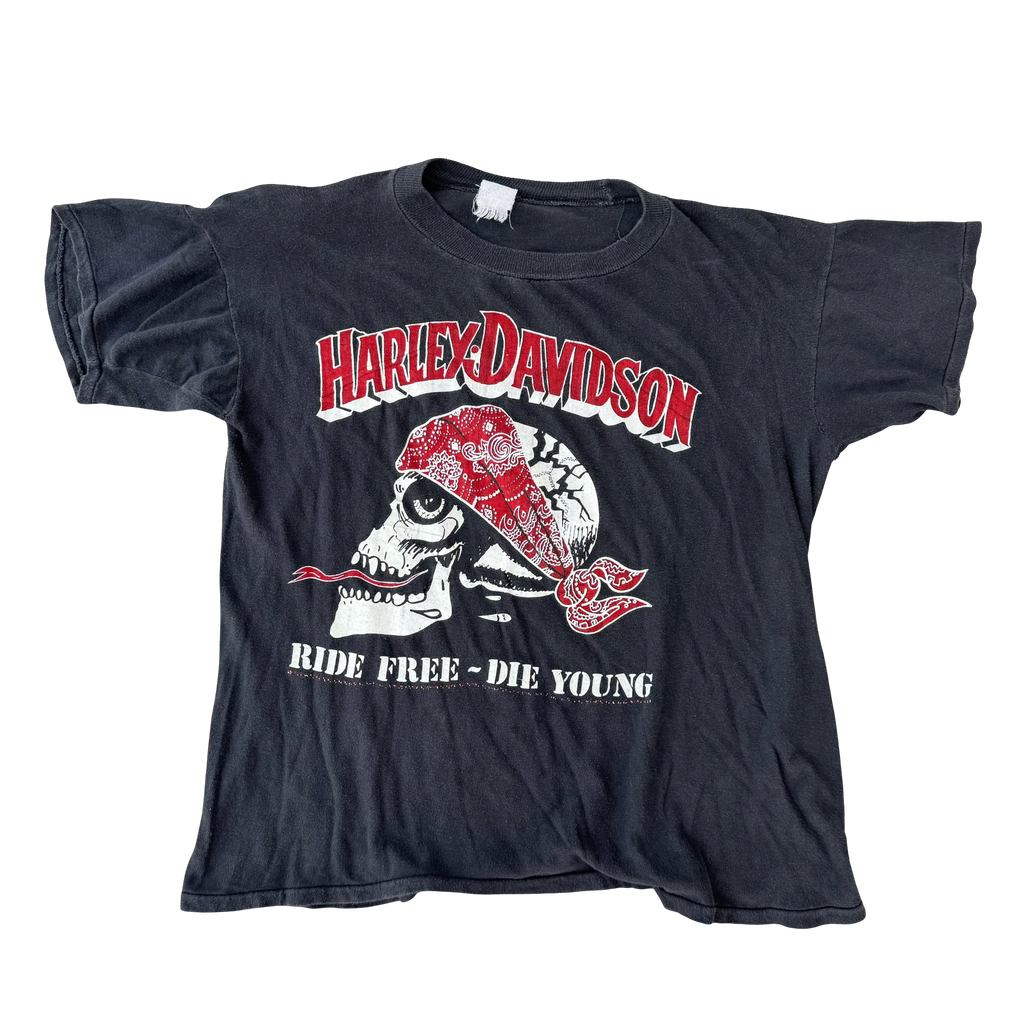 80’s Harley Ride Free Die Young Bandana Skull Tee Size M