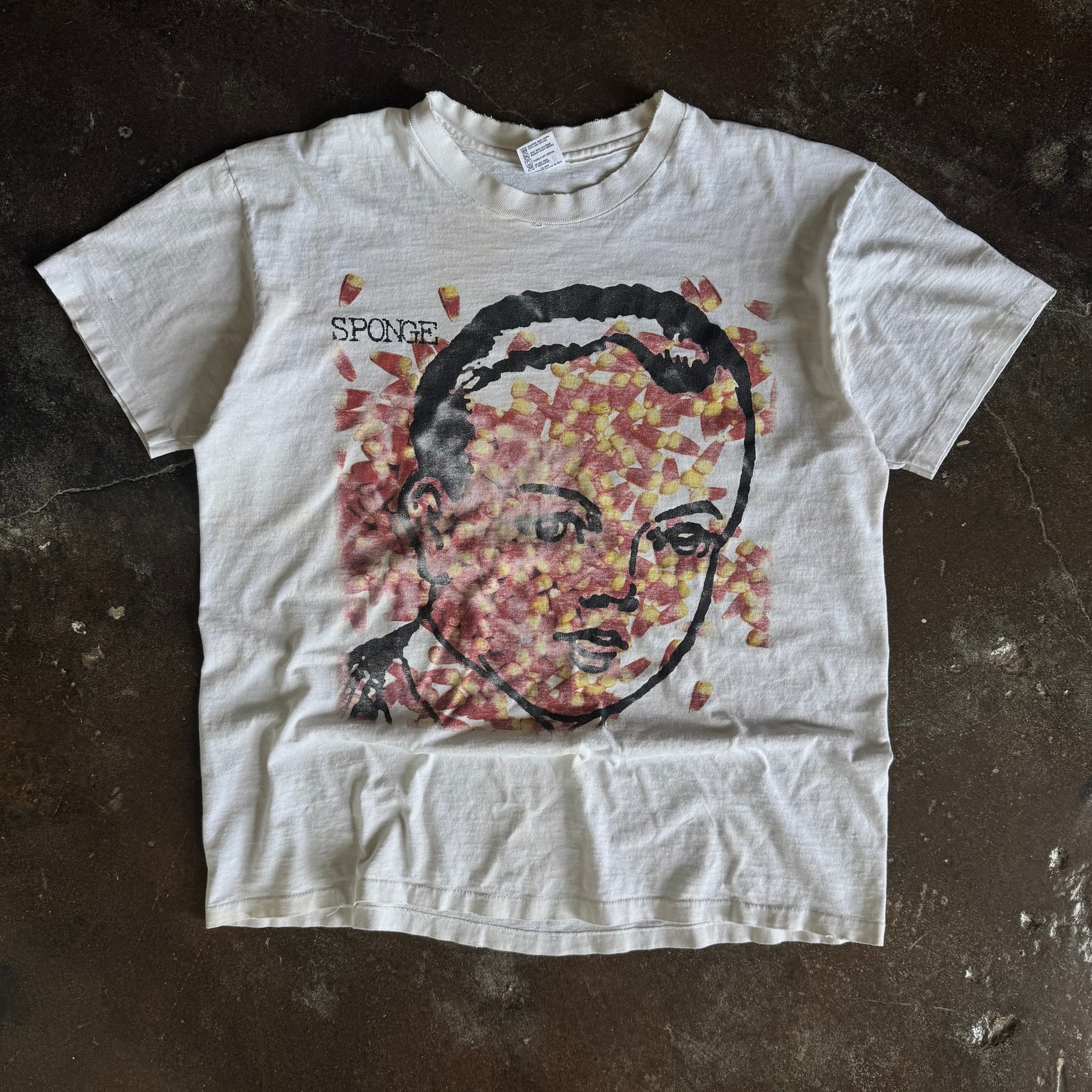 Vintage 1990s Sponge band t-shirt with candy corn face illustration on white