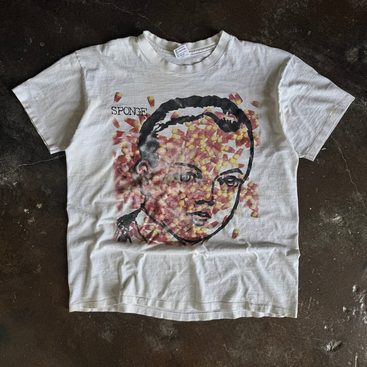 Vintage 1990s Sponge band t-shirt with candy corn face illustration on white