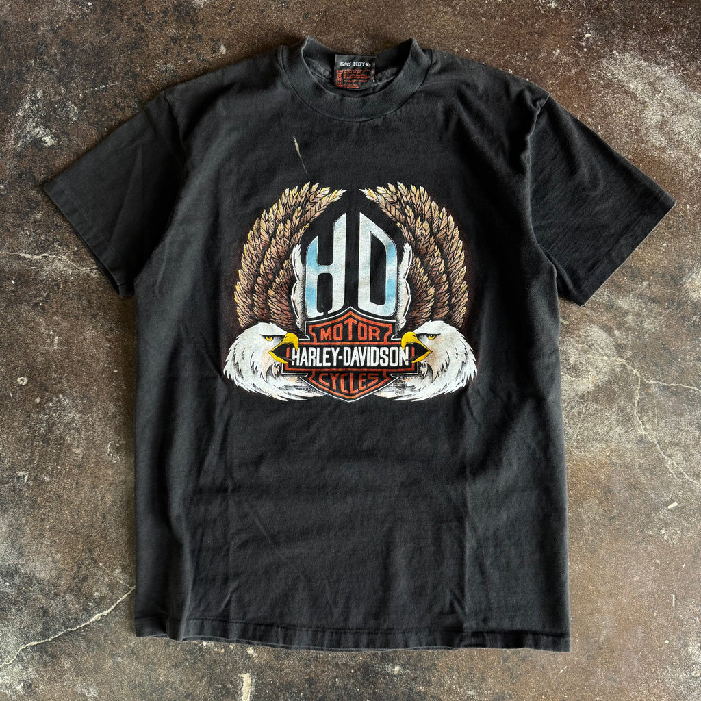 Vintage 1990s Harley-Davidson twin eagle emblem t-shirt with dual eagle graphic