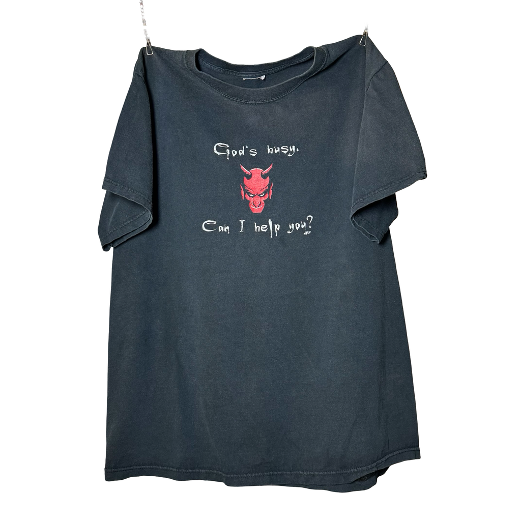 Y2K God’s Busy “Can I Help You?” Devil Tee Size L