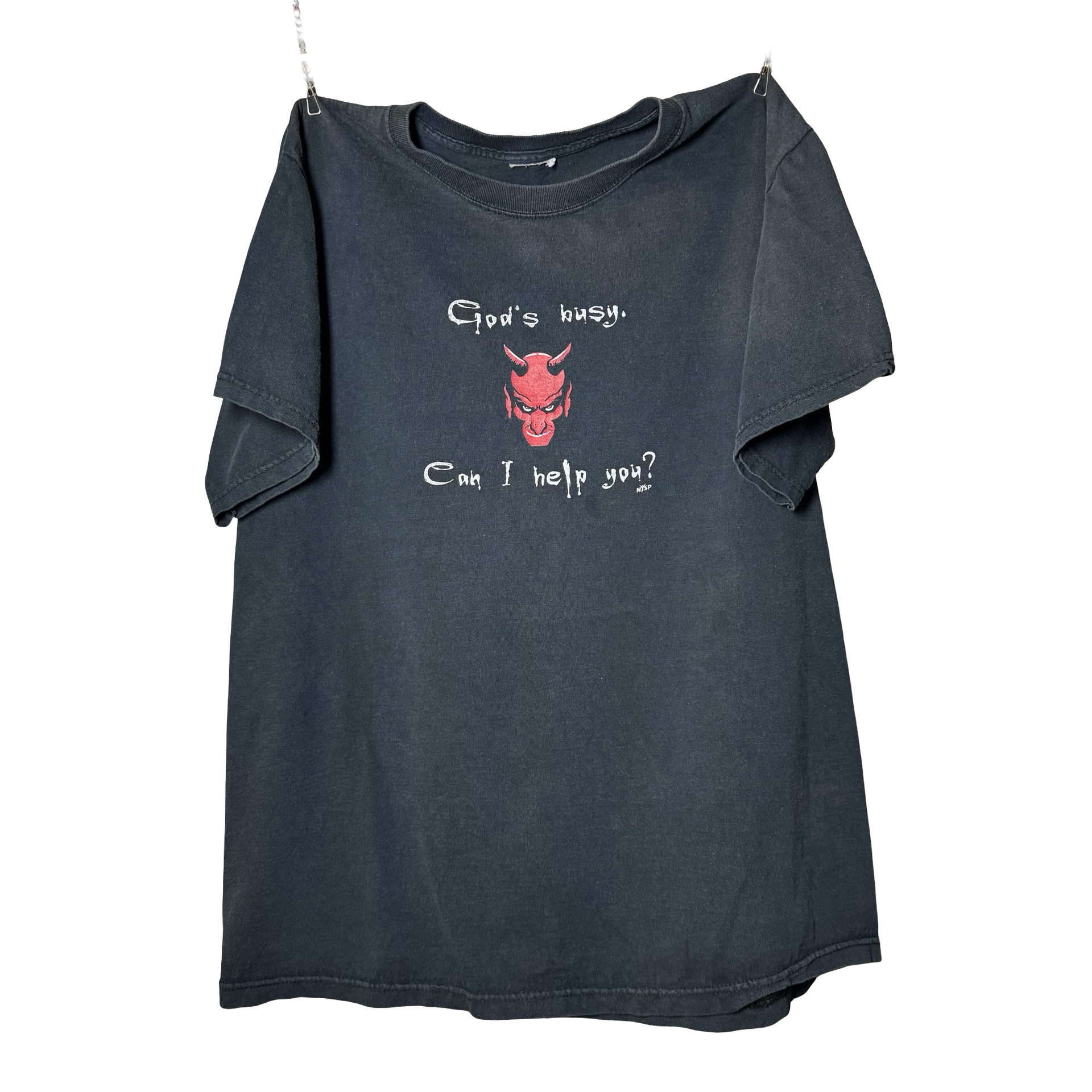 Y2K God’s Busy “Can I Help You?” Devil Tee Size L