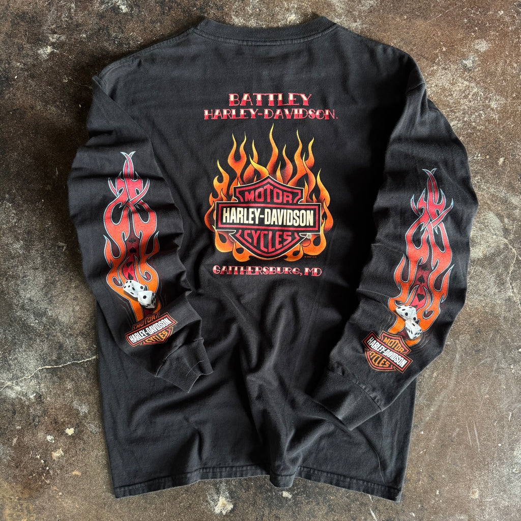 Y2K Harley Firefighter Pin-Up Flame Longsleeve Tee (L/XL)