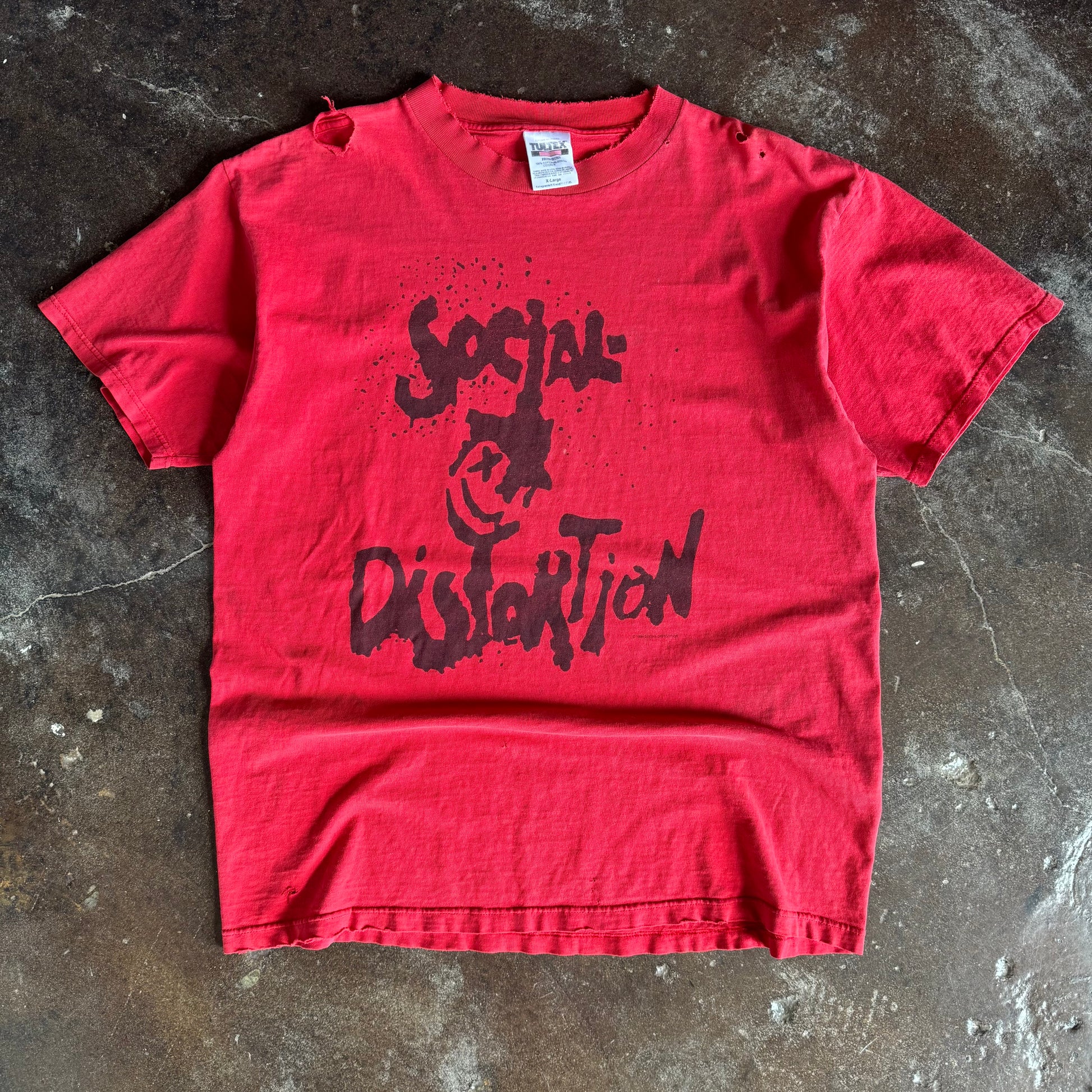 Vintage 1990s Social Distortion distressed red t-shirt with dripping logo and skeleton mascot