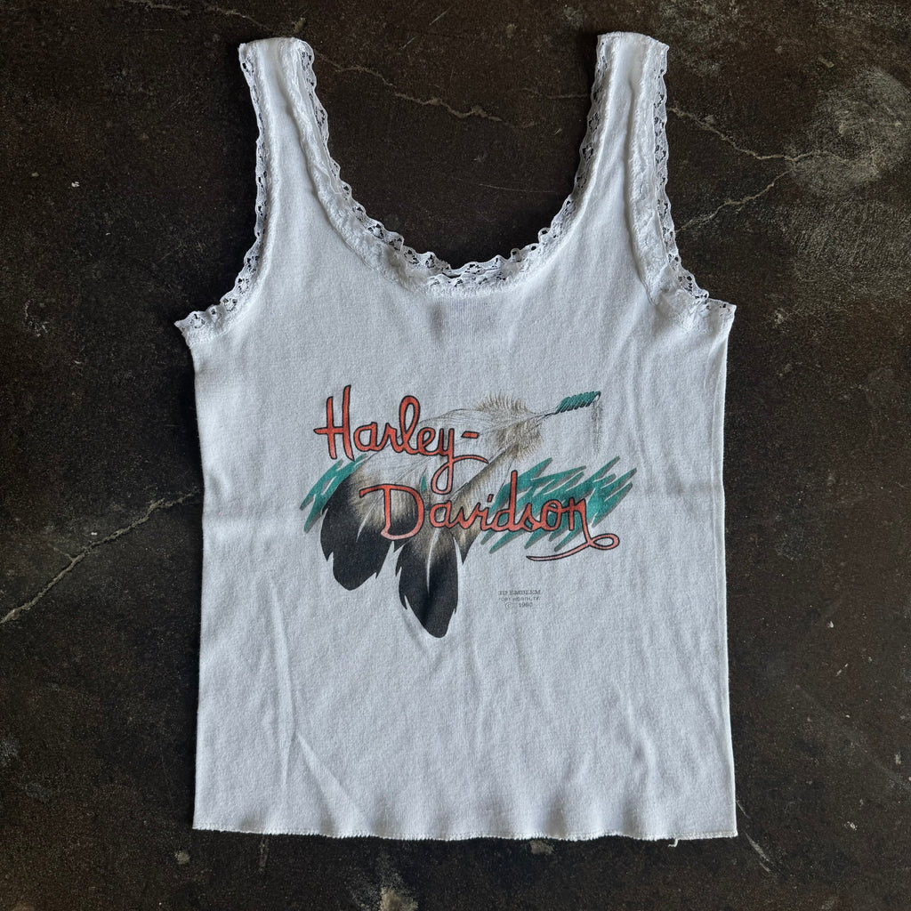 Vintage 1980s Harley Davidson womens white lace tank top with feather graphic and red script logo
