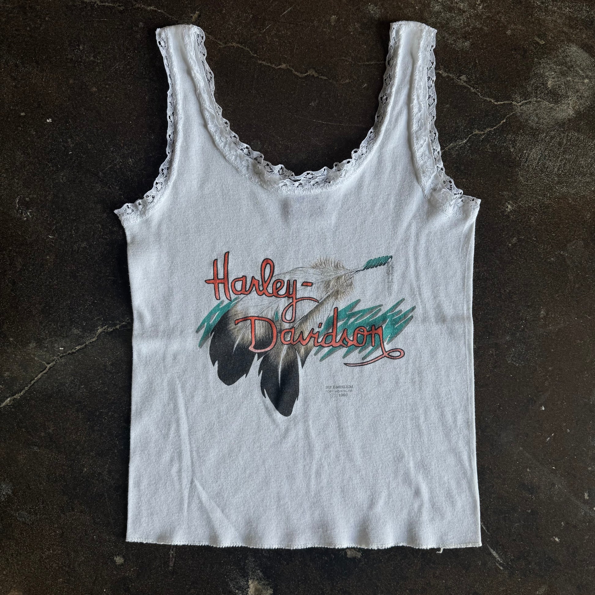 Vintage 1980s Harley Davidson womens white lace tank top with feather graphic and red script logo
