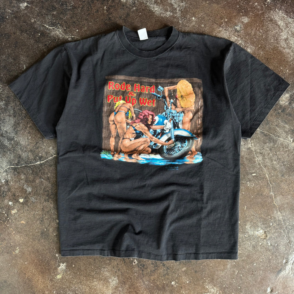 Vintage 1990s Rode Hard and Put Up Wet biker humor t-shirt