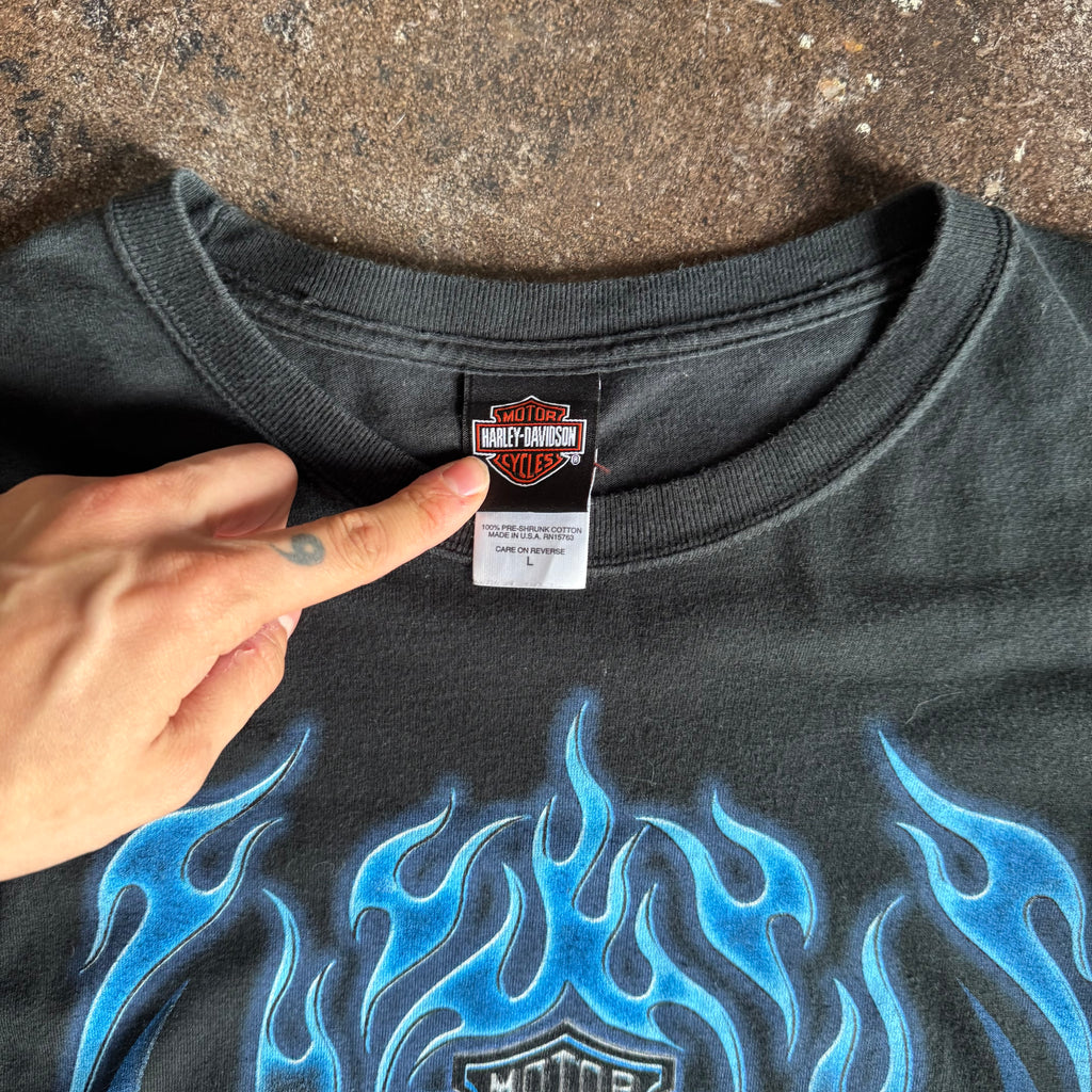Y2K Harley Blue Flame Emblem Longsleeve Tee (L)