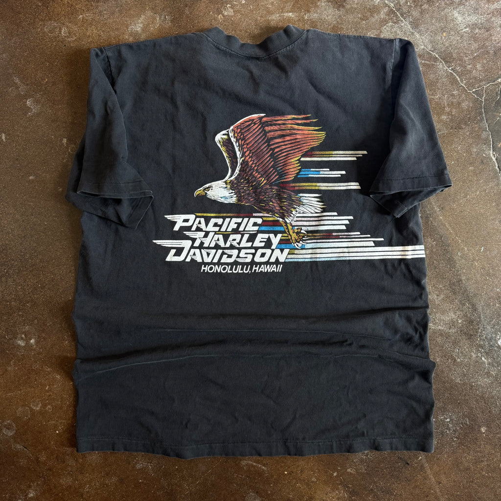 Detail of swooping eagle on vintage Pacific Harley Davidson Hawaii Crazy Shirts tee