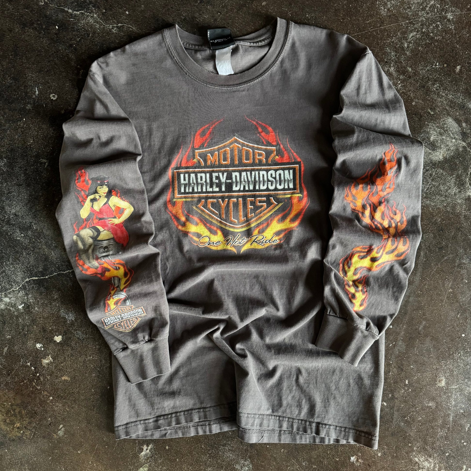 Y2K Harley One Hot Ride Flame Emblem Longsleeve Tee (L)