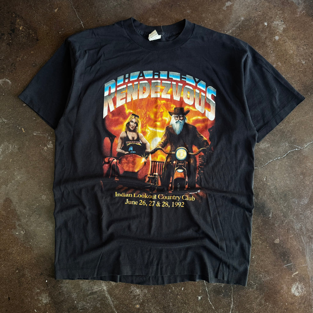 Vintage 1992 Harley Rendezvous Indian Lookout Country Club t-shirt with biker couple on motorcycle and fire background
