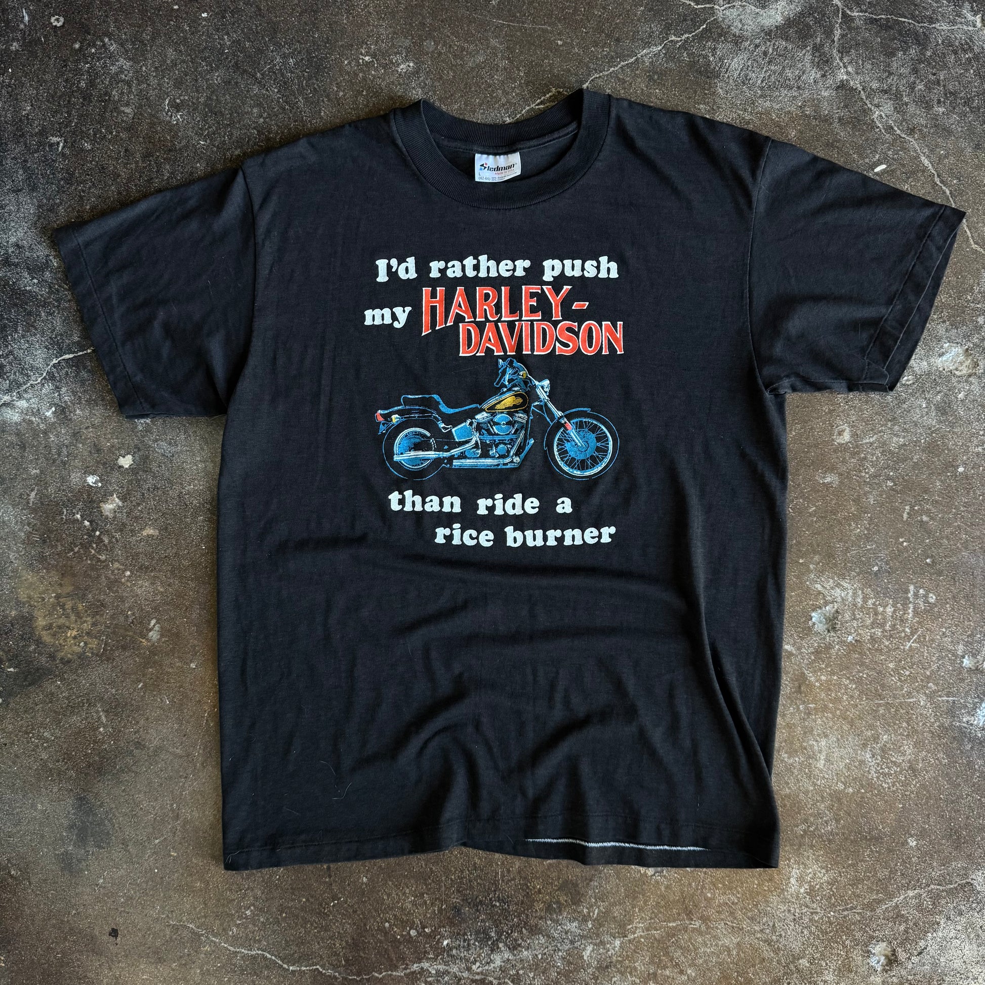 Vintage 1980s Harley-Davidson Push My Harley Rice Burner humor biker t-shirt