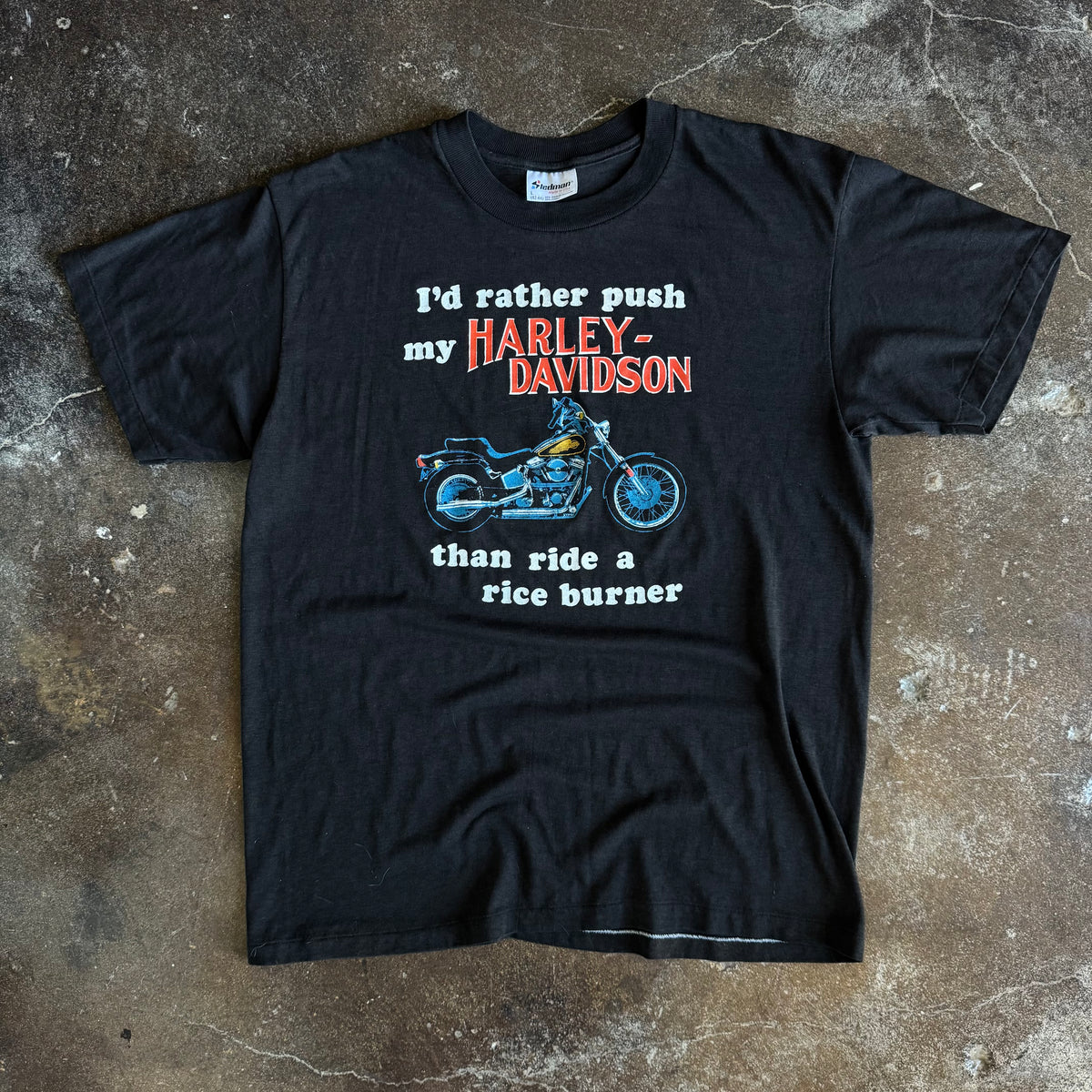 Vintage 1980s Harley-Davidson Push My Harley Rice Burner humor biker t-shirt