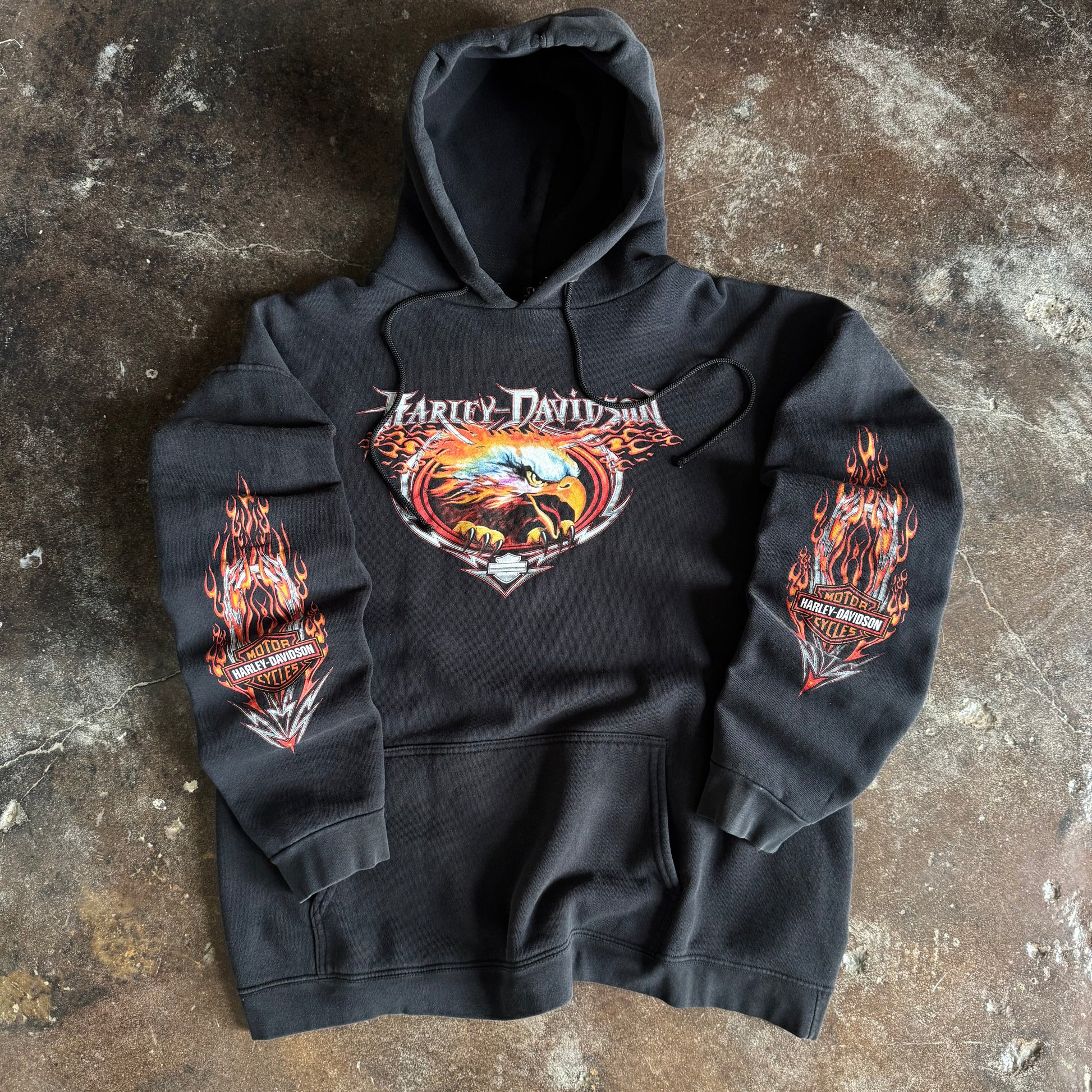 Y2K Harley Flaming Eagle Drawstring Hoodie (XL)