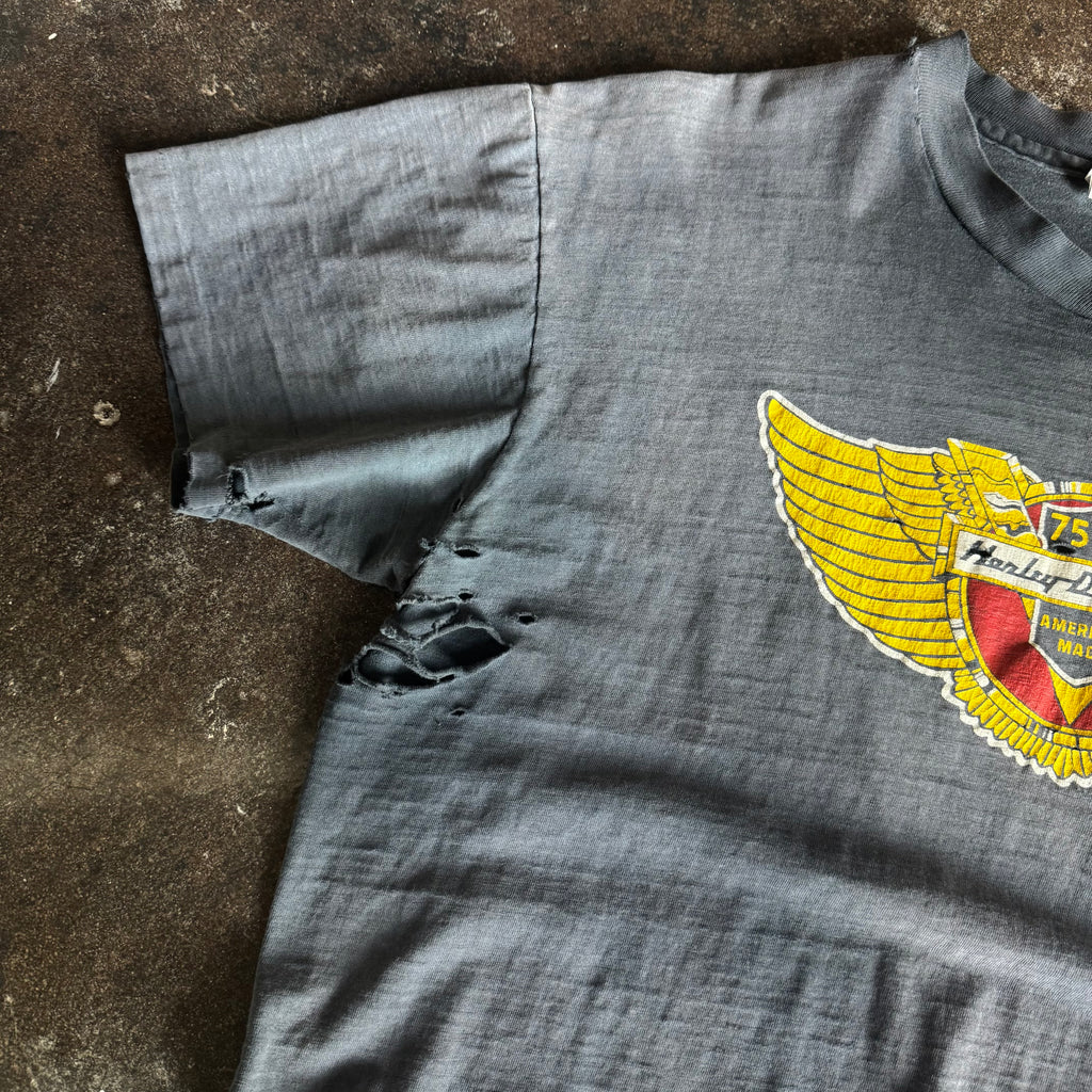 Additional wear detail on vintage Harley-Davidson 75 Years thrashed tee