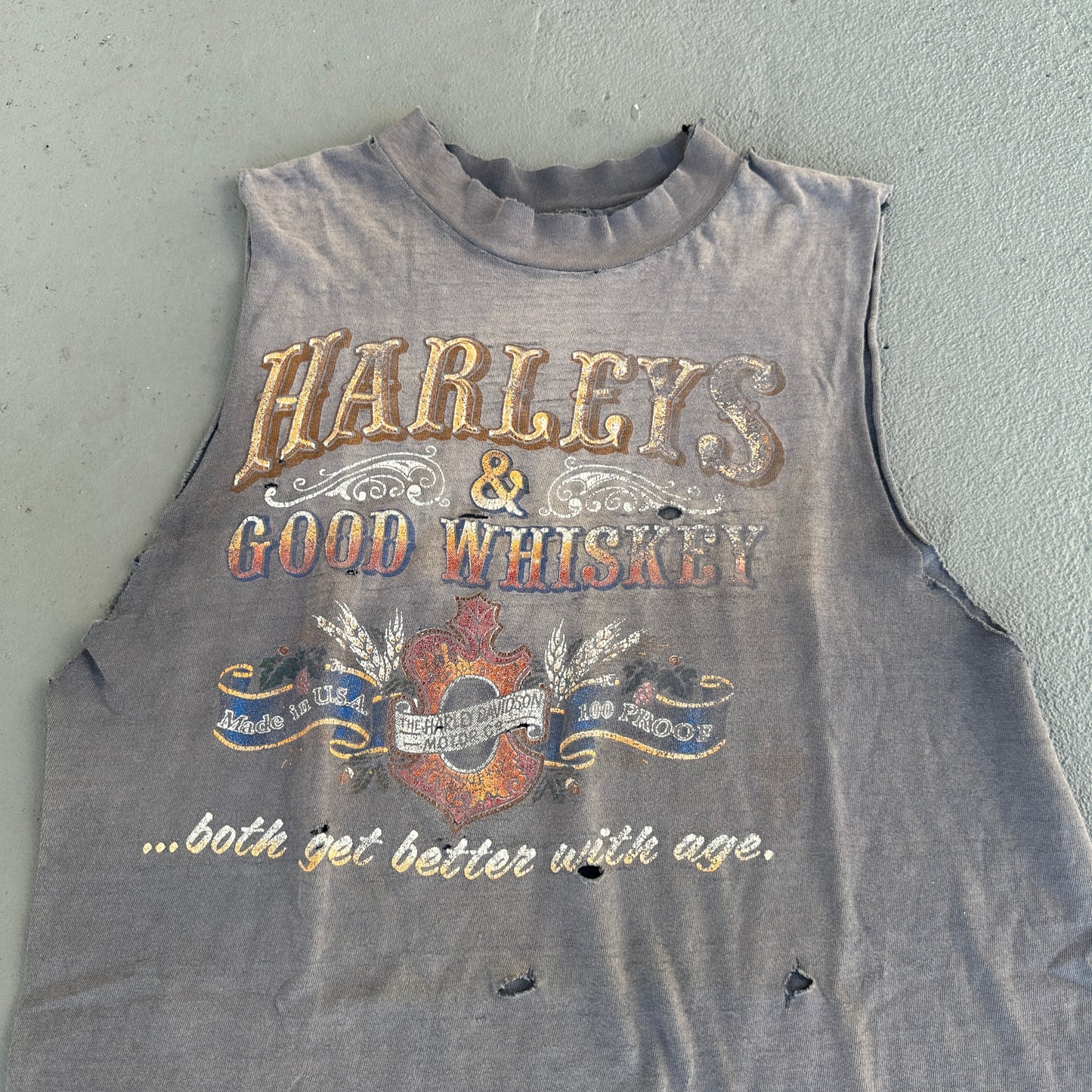 80s 3D Emblem Harley & Good Whiskey Cutoff Tee (Battle-Scarred)