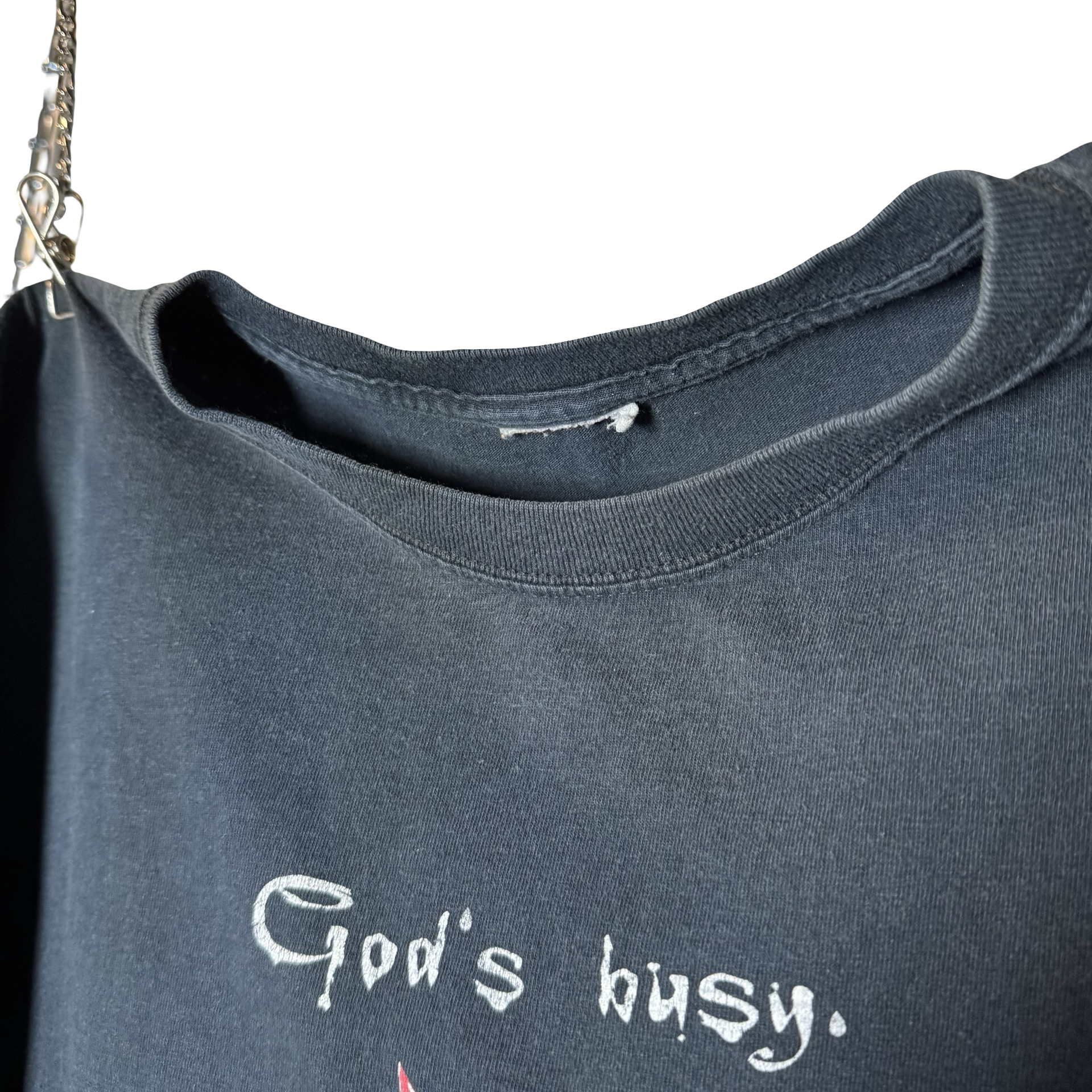 Y2K God’s Busy “Can I Help You?” Devil Tee Size L