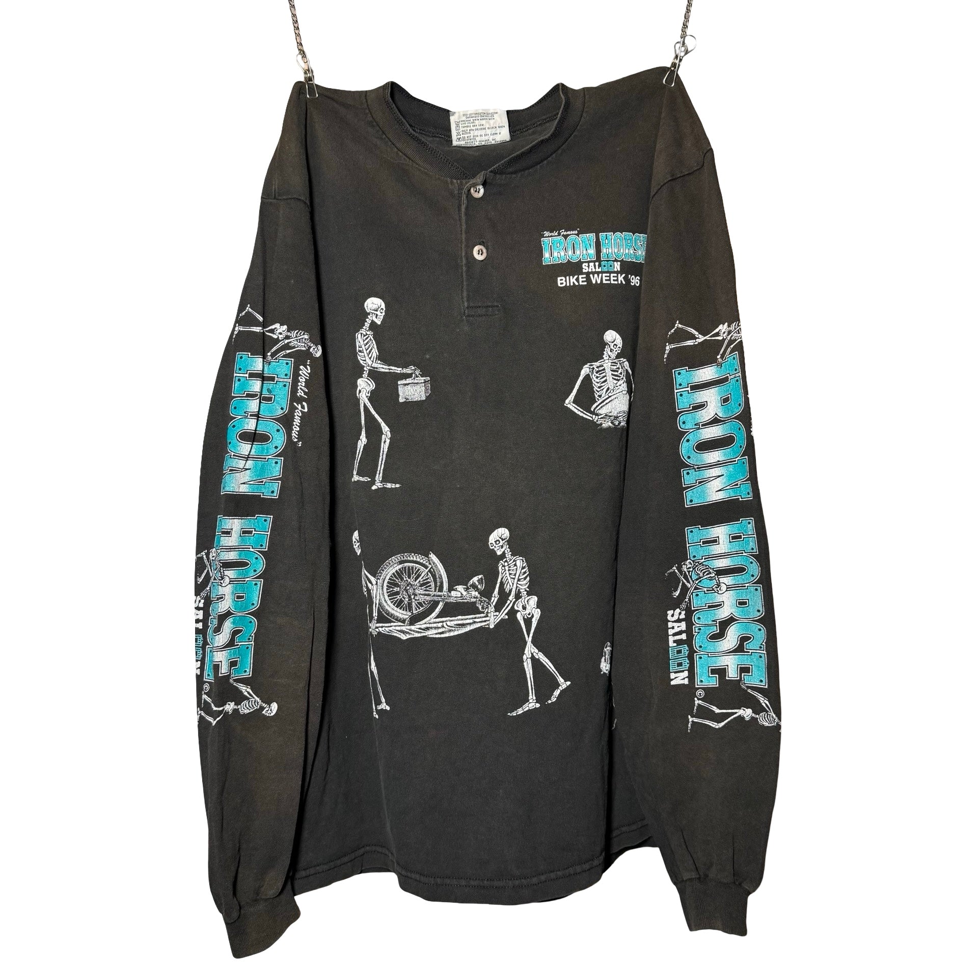 90’s Iron Horse Skeleton AOP Longsleeve Henley Tee Size L