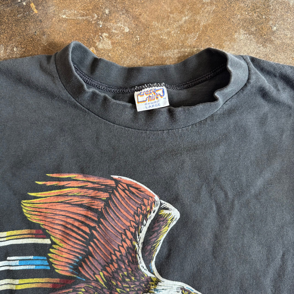 Tag detail on vintage 1980s Pacific Harley Davidson Hawaii Crazy Shirts tee