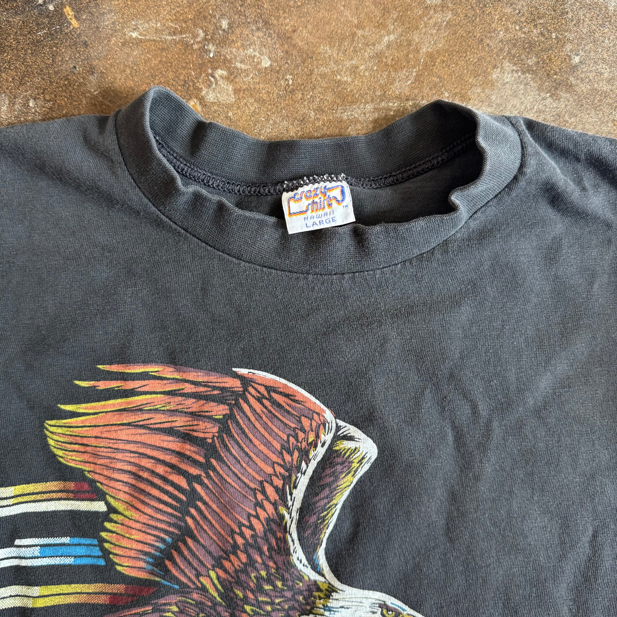 Tag detail on vintage 1980s Pacific Harley Davidson Hawaii Crazy Shirts tee