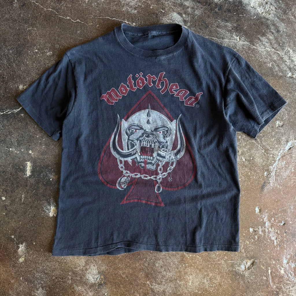 Vintage 1980s Motorhead 10th Anniversary World Tour t-shirt with Snaggletooth War-Pig logo on red ace of spades on faded charcoal