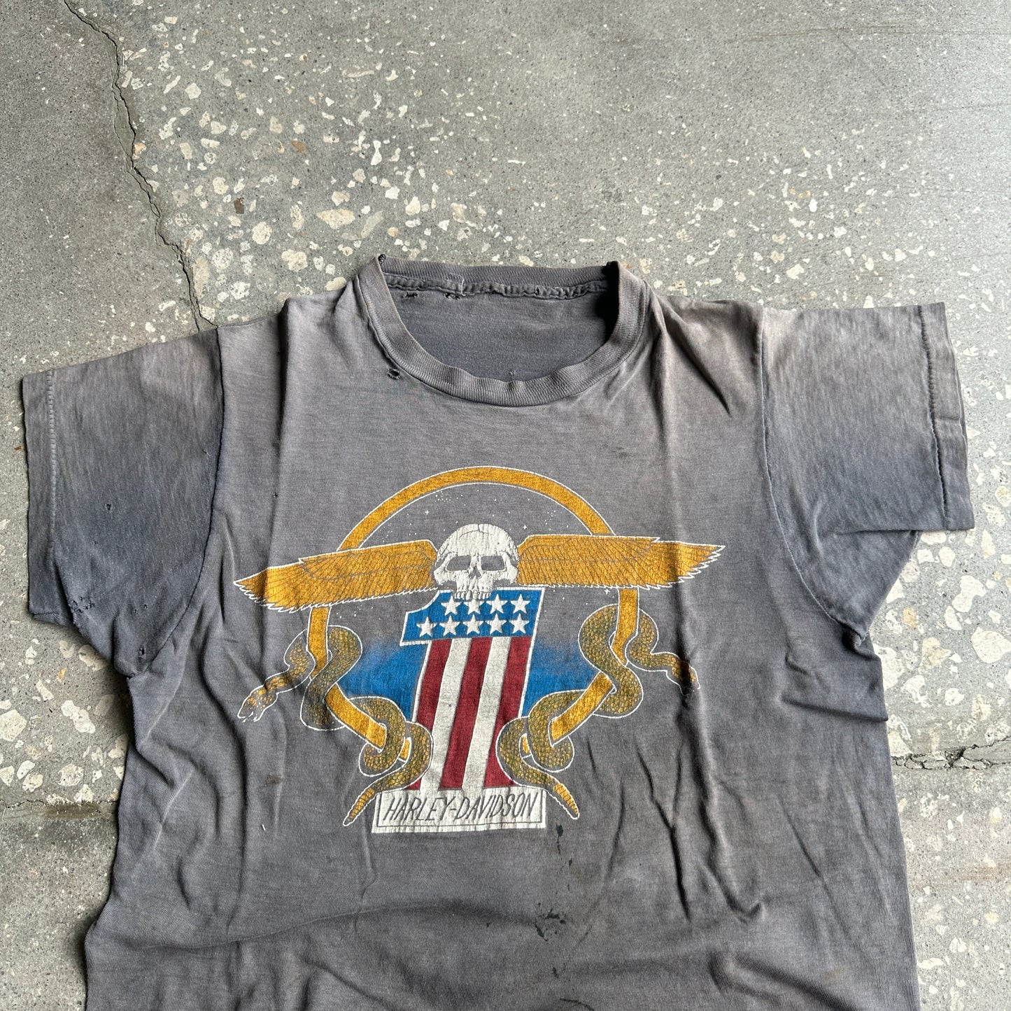 70s Harley Skull W/ Snakes Emblem Super Fader Tee (Battle-Scarred)