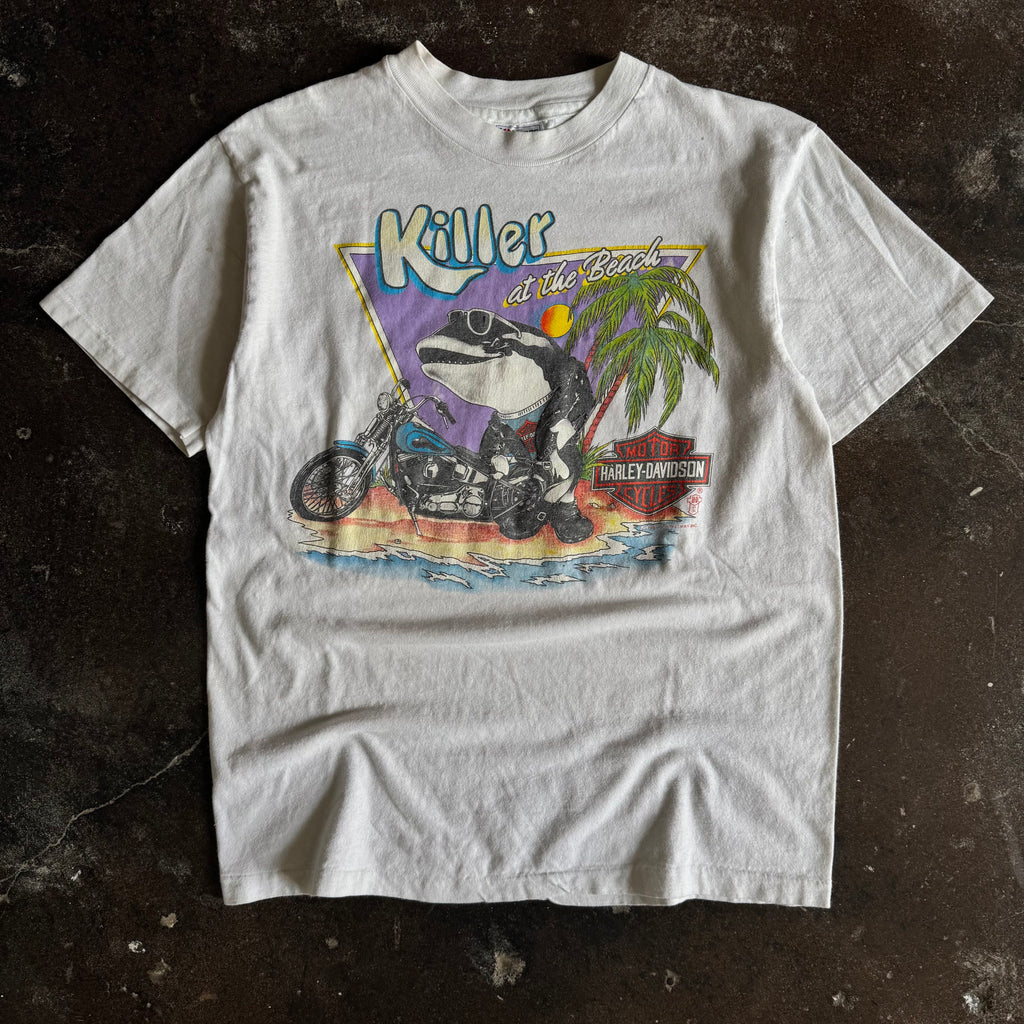 Vintage 1980s Harley-Davidson Killer Whale at the Beach t-shirt with orca whale graphic