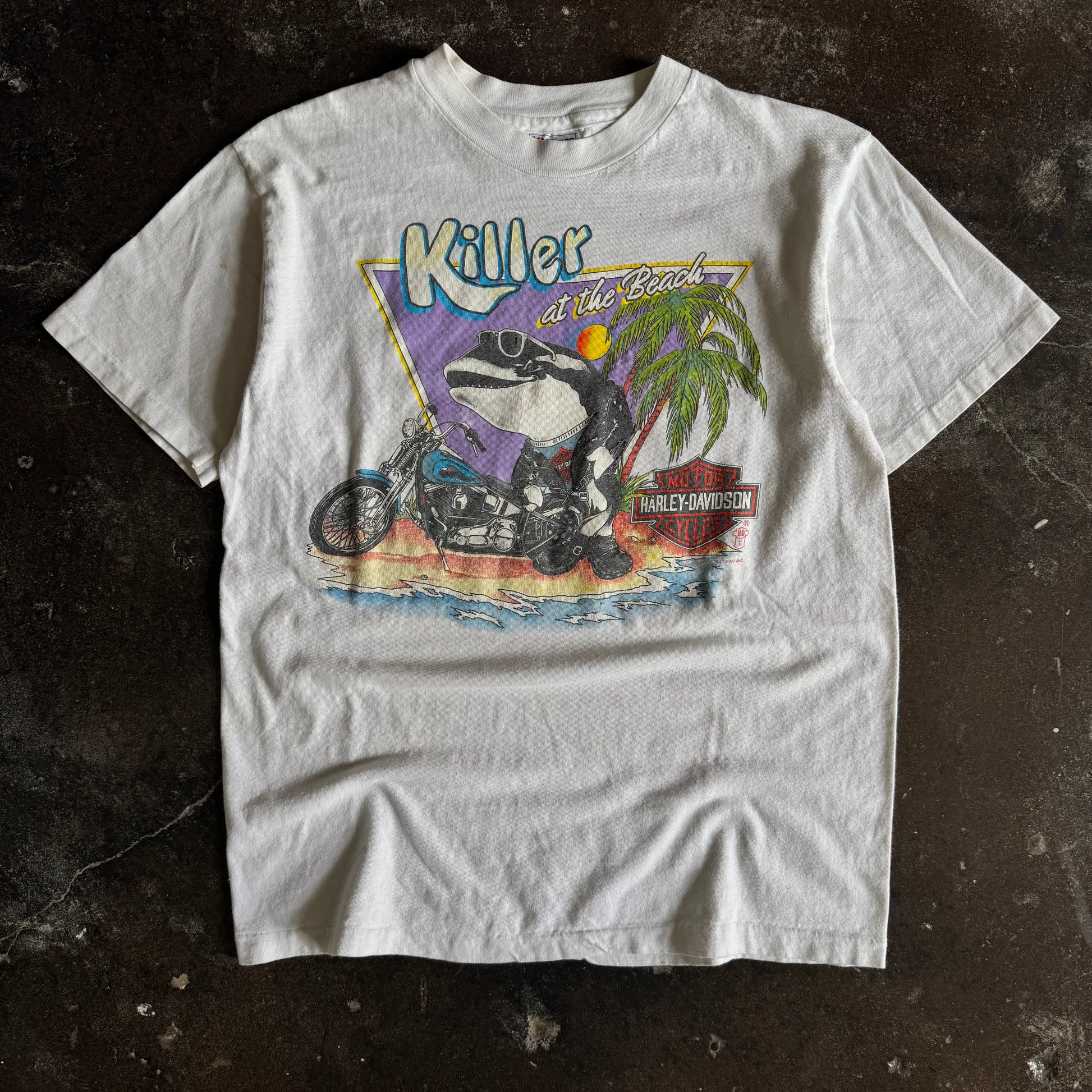 Vintage 1980s Harley-Davidson Killer Whale at the Beach t-shirt with orca whale graphic