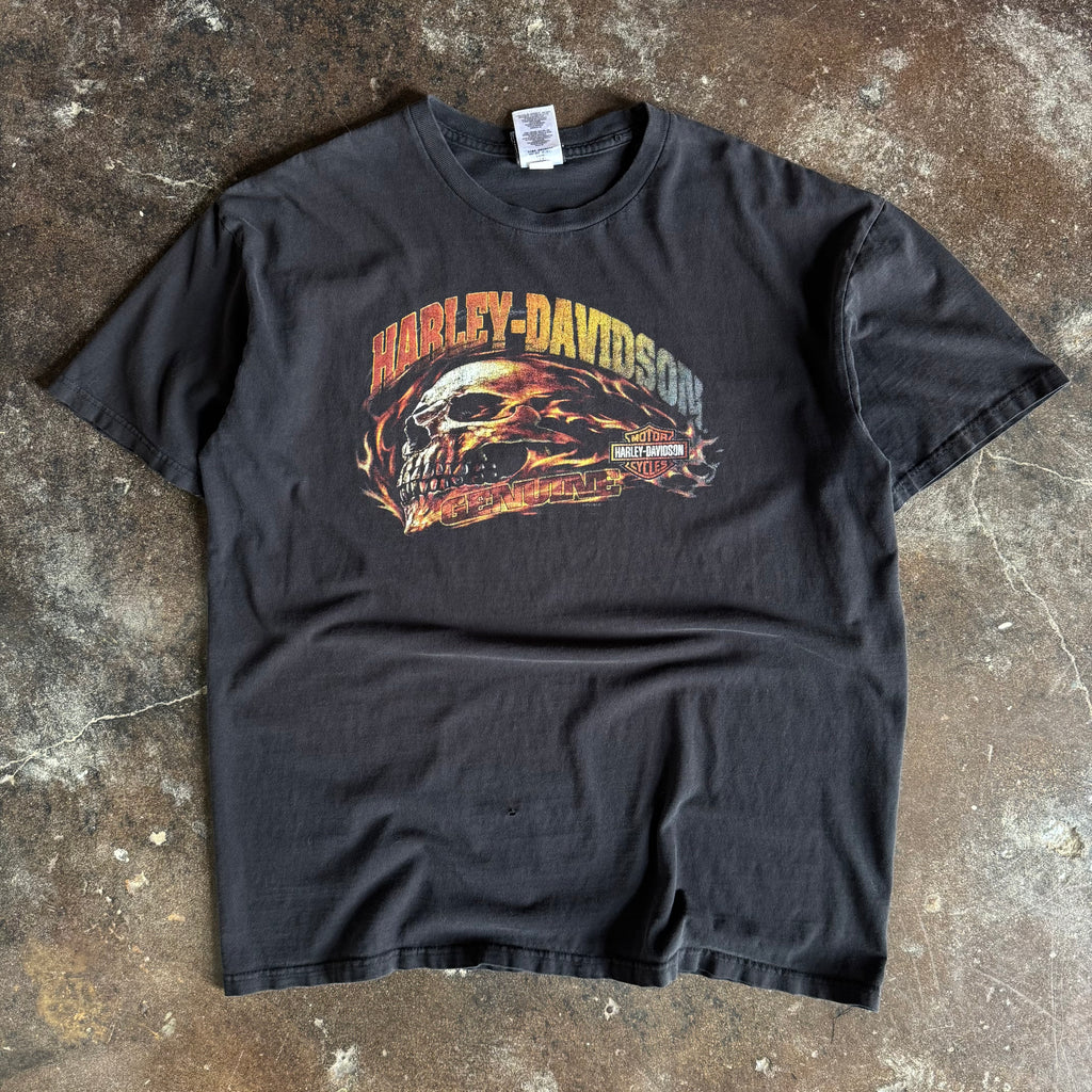 Vintage Y2K Harley-Davidson rushing flame skull t-shirt with skull and rushing flame graphic