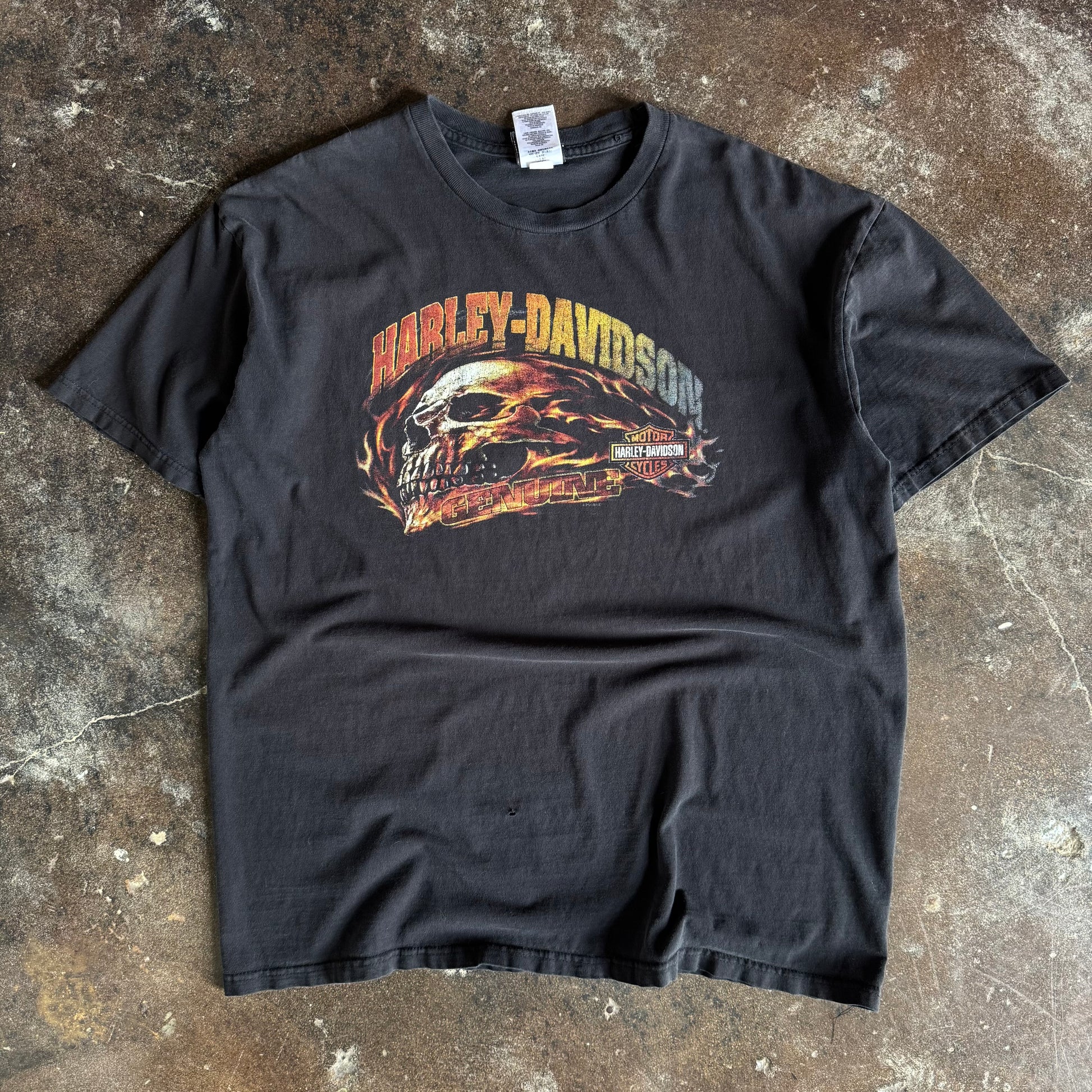 Vintage Y2K Harley-Davidson rushing flame skull t-shirt with skull and rushing flame graphic
