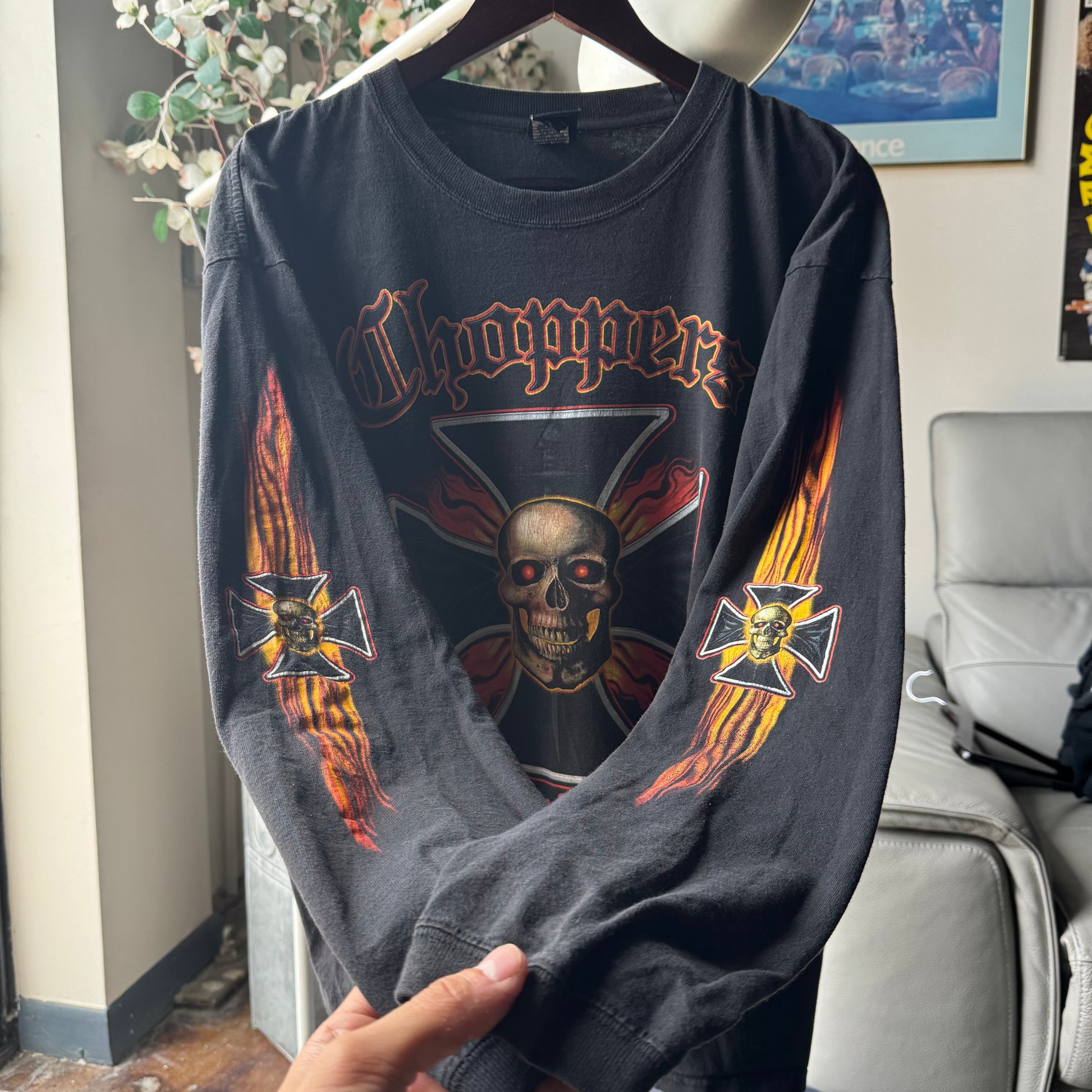 Y2K Chopper Skull & Flames Biker Longsleeve Tee Size XL