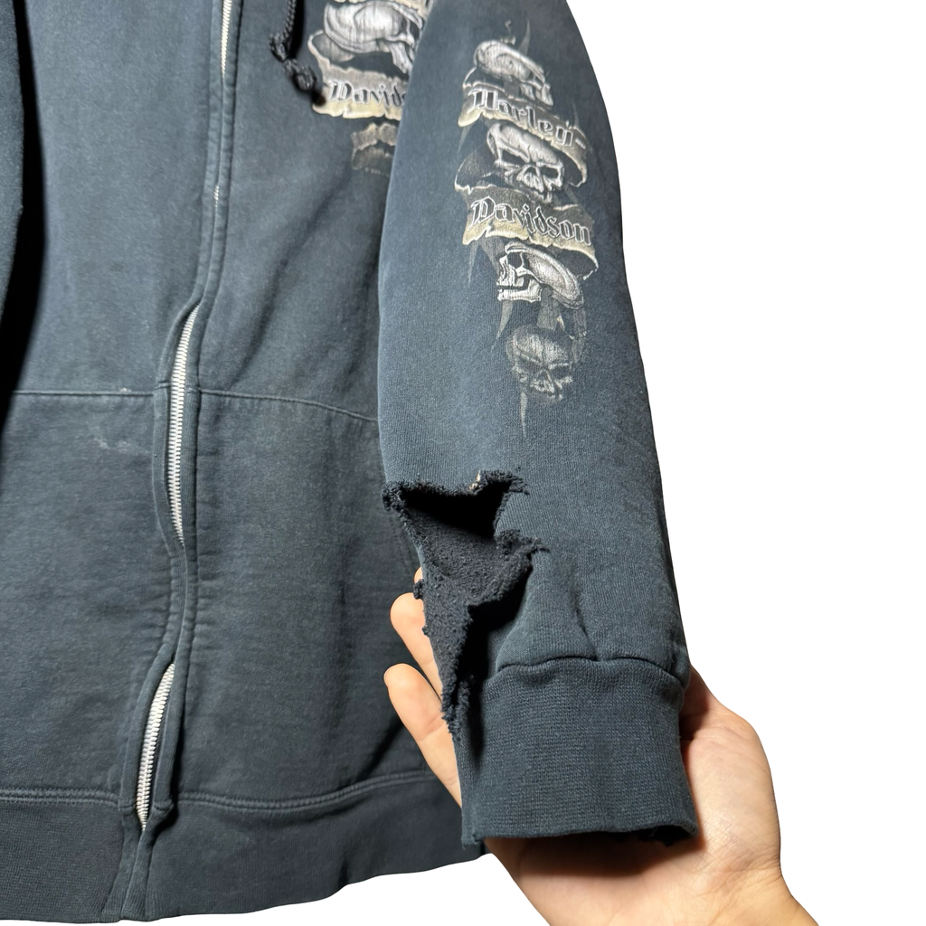 Y2K Harley Thrashed Skull Pile Hoodie Size XL
