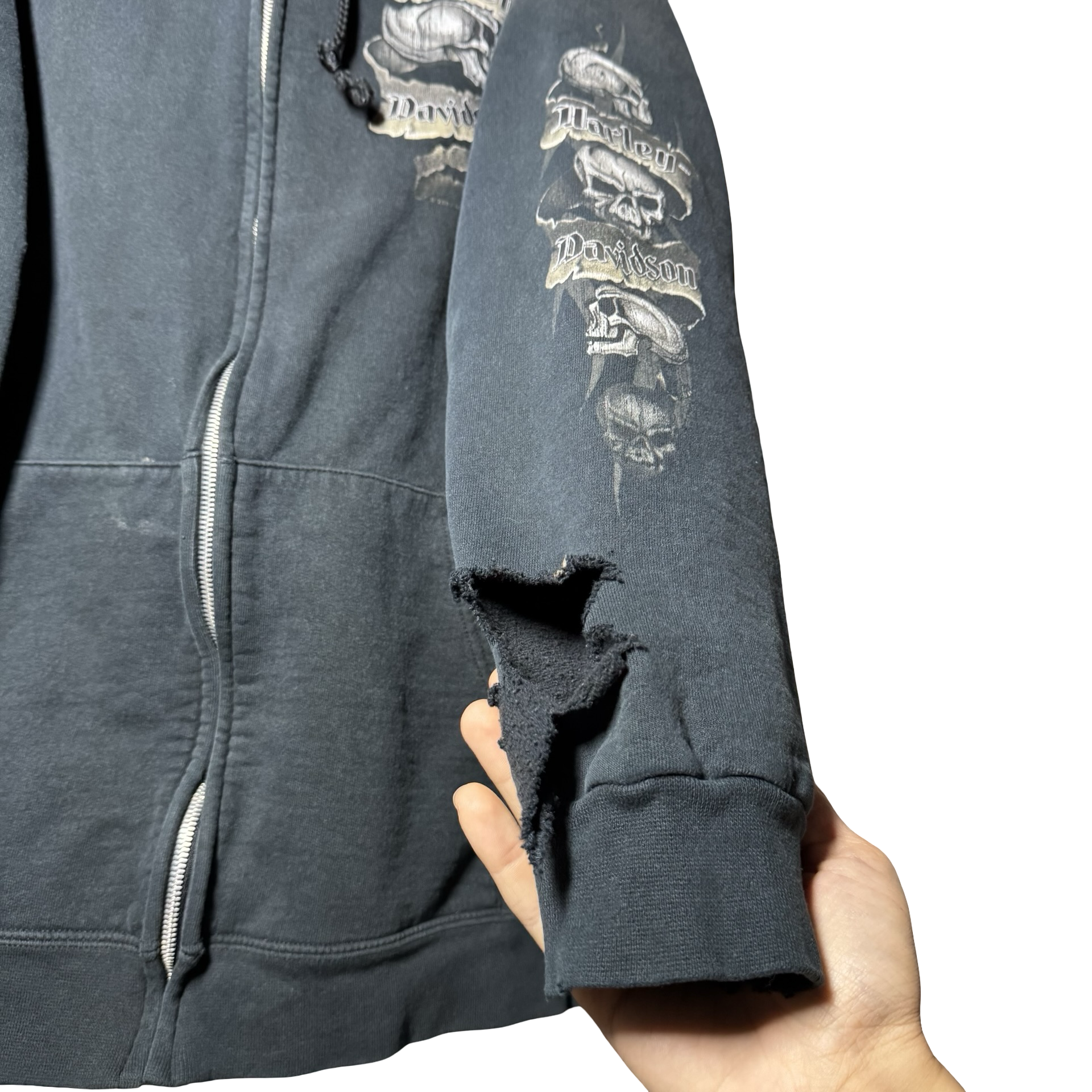 Y2K Harley Thrashed Skull Pile Hoodie Size XL