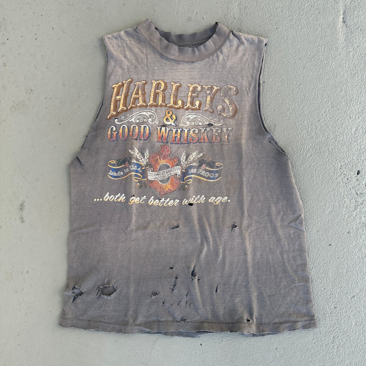 80s 3D Emblem Harley & Good Whiskey Cutoff Tee (Battle-Scarred)