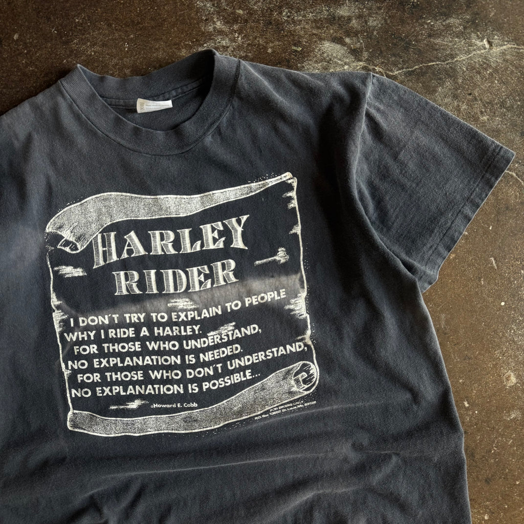 Back view of vintage Harley Rider sun faded scroll t-shirt