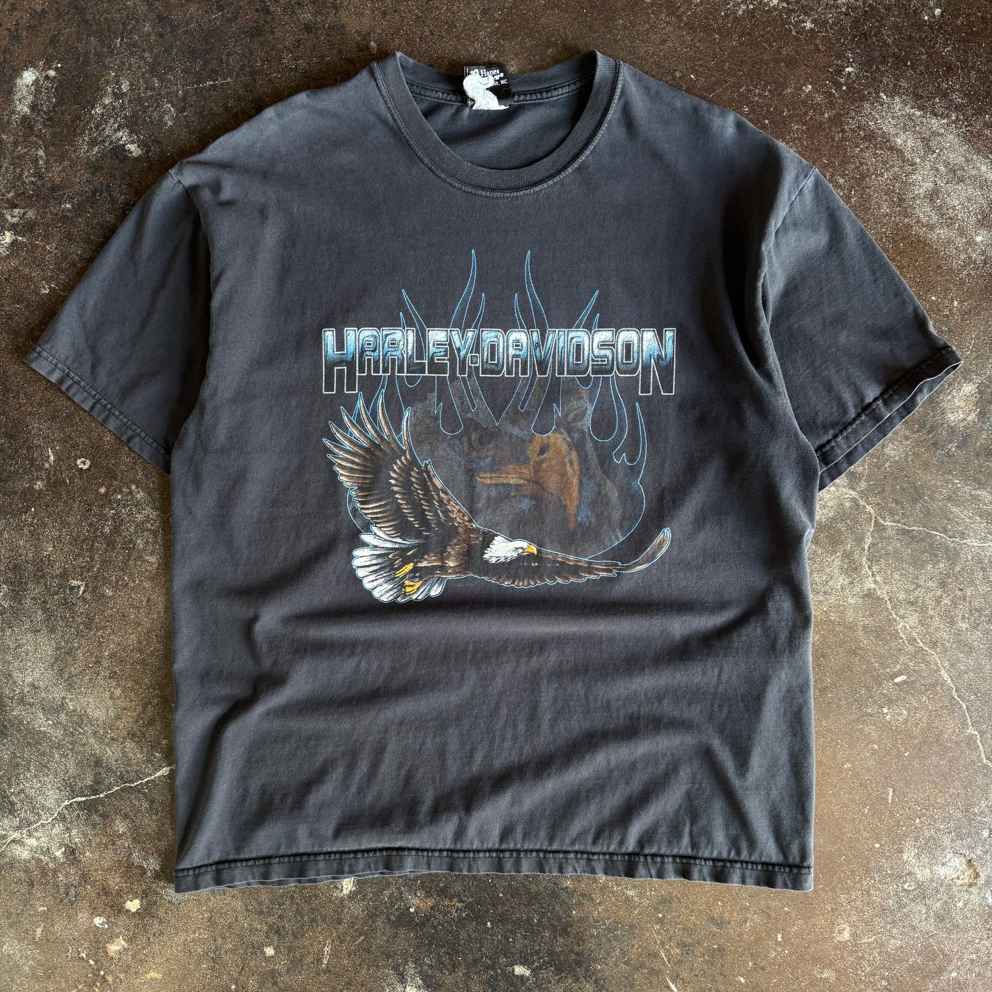 Y2K Harley Blue Flame Eagle Sun Faded Tee (XL)