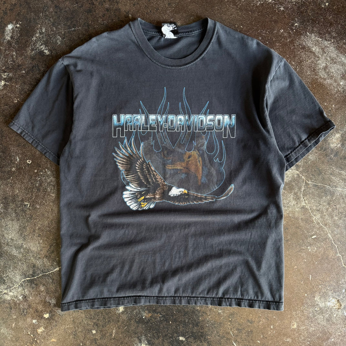Y2K Harley Blue Flame Eagle Sun Faded Tee (XL)