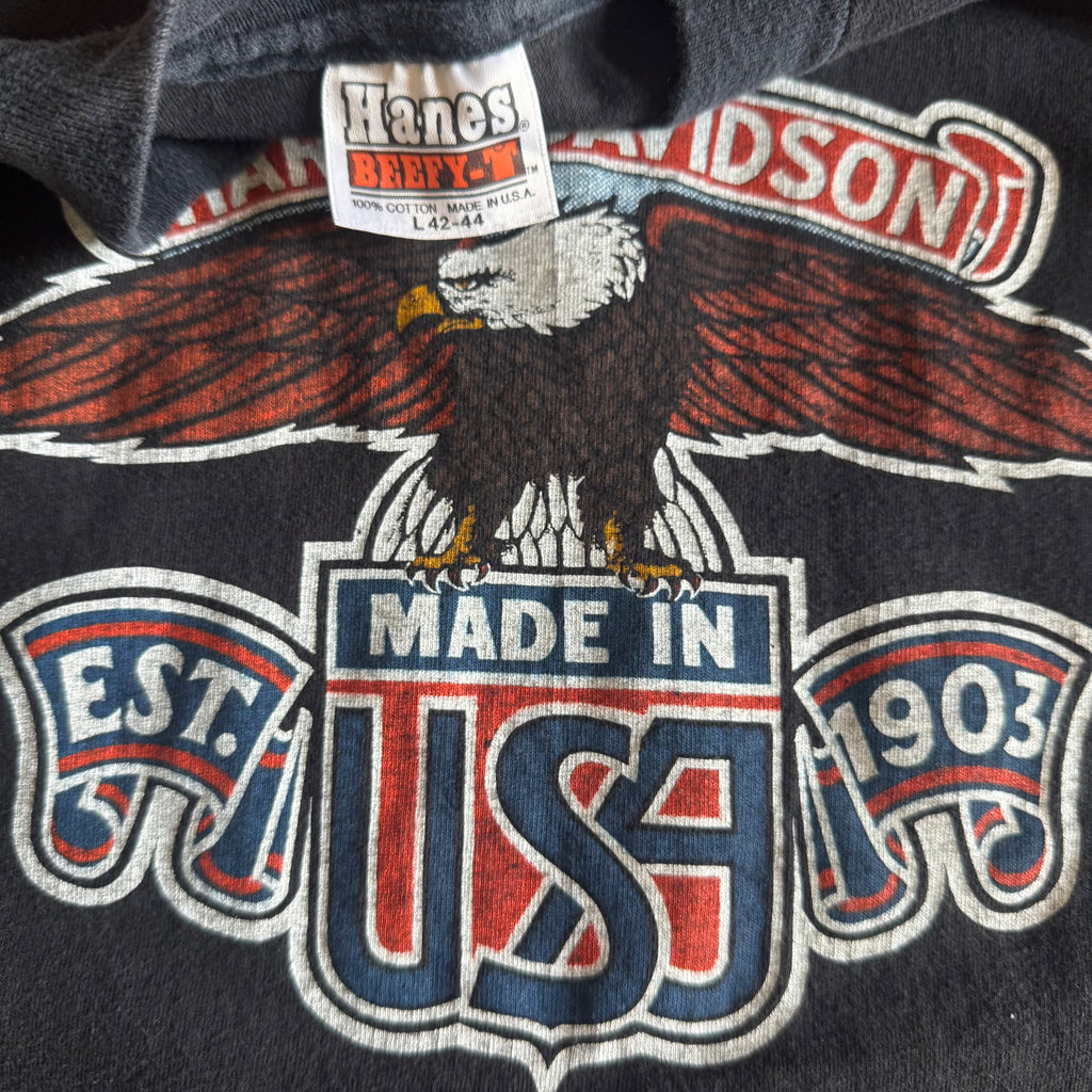 Tag detail on vintage 1980s Harley-Davidson OKC eagle tee